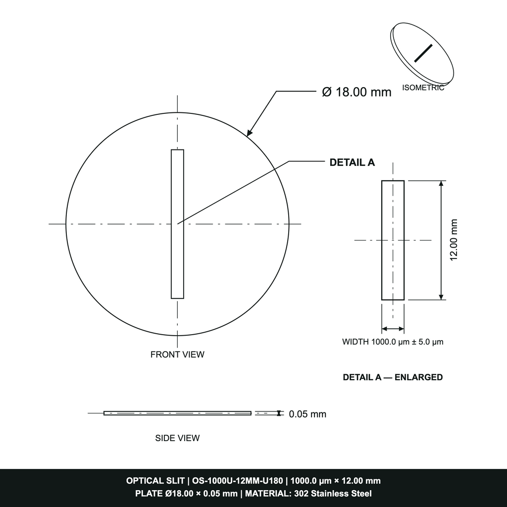 1000µm Width Optical Slit, Ø9.50/Ø18.0 Stainless Steel Plate
