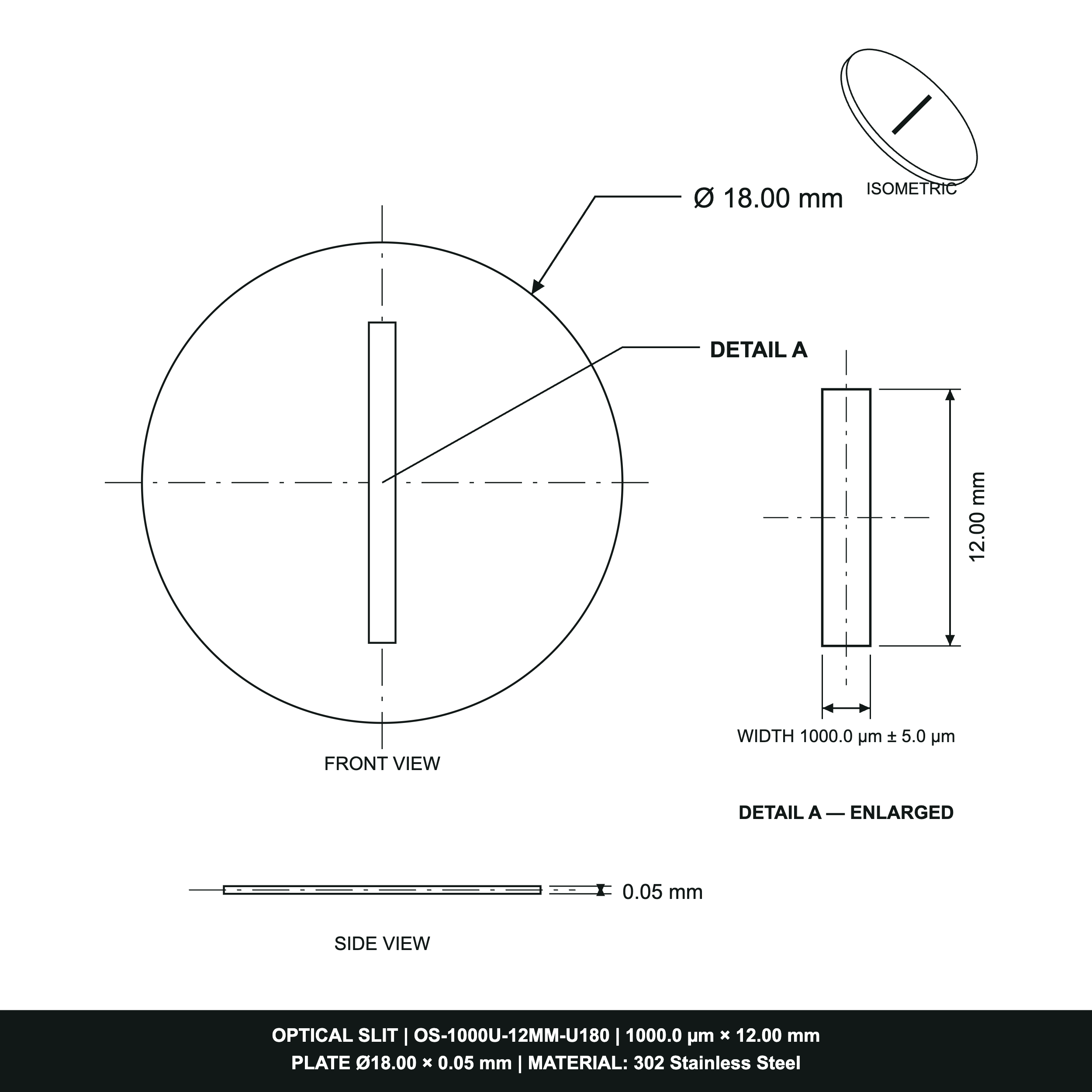 1000µm Width Optical Slit, Ø9.50/Ø18.0 Stainless Steel Plate