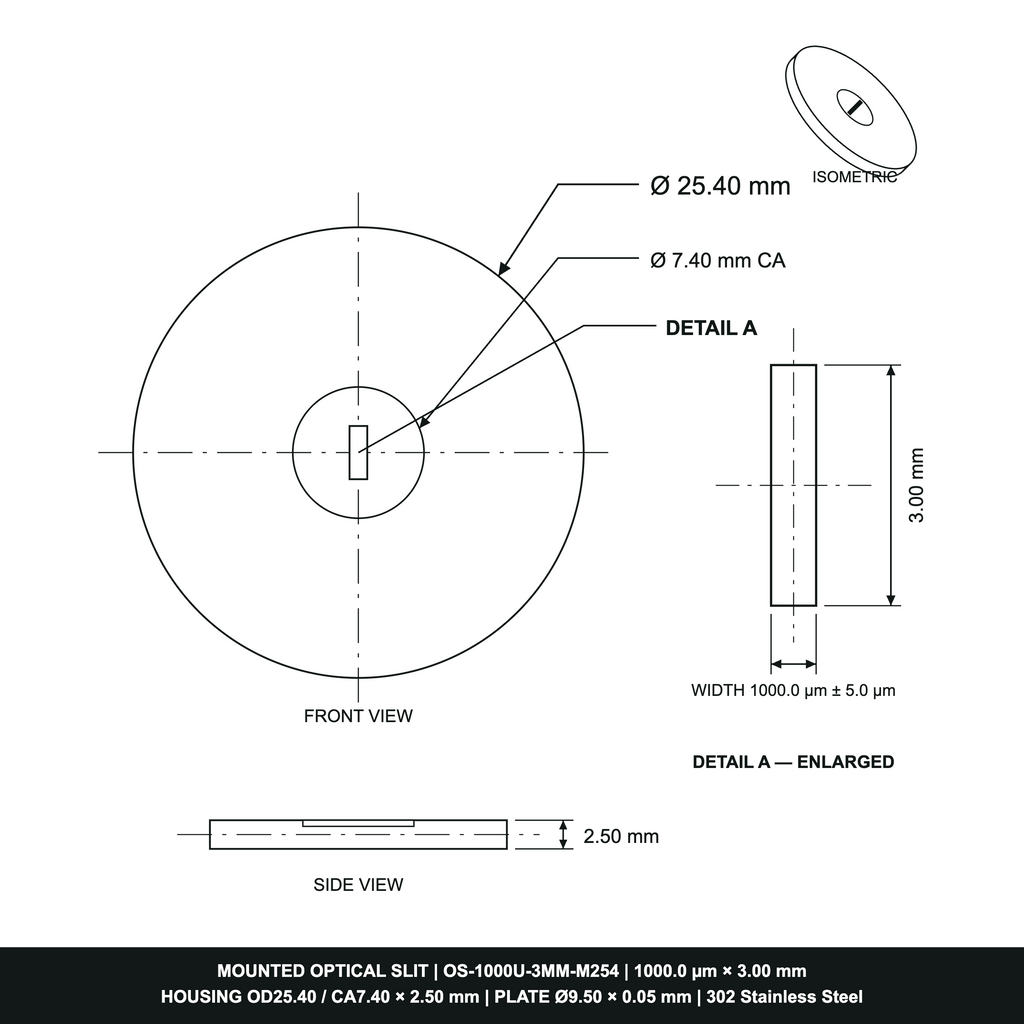 1000µm Width Optical Slit, Ø9.50/Ø18.0 Stainless Steel Plate