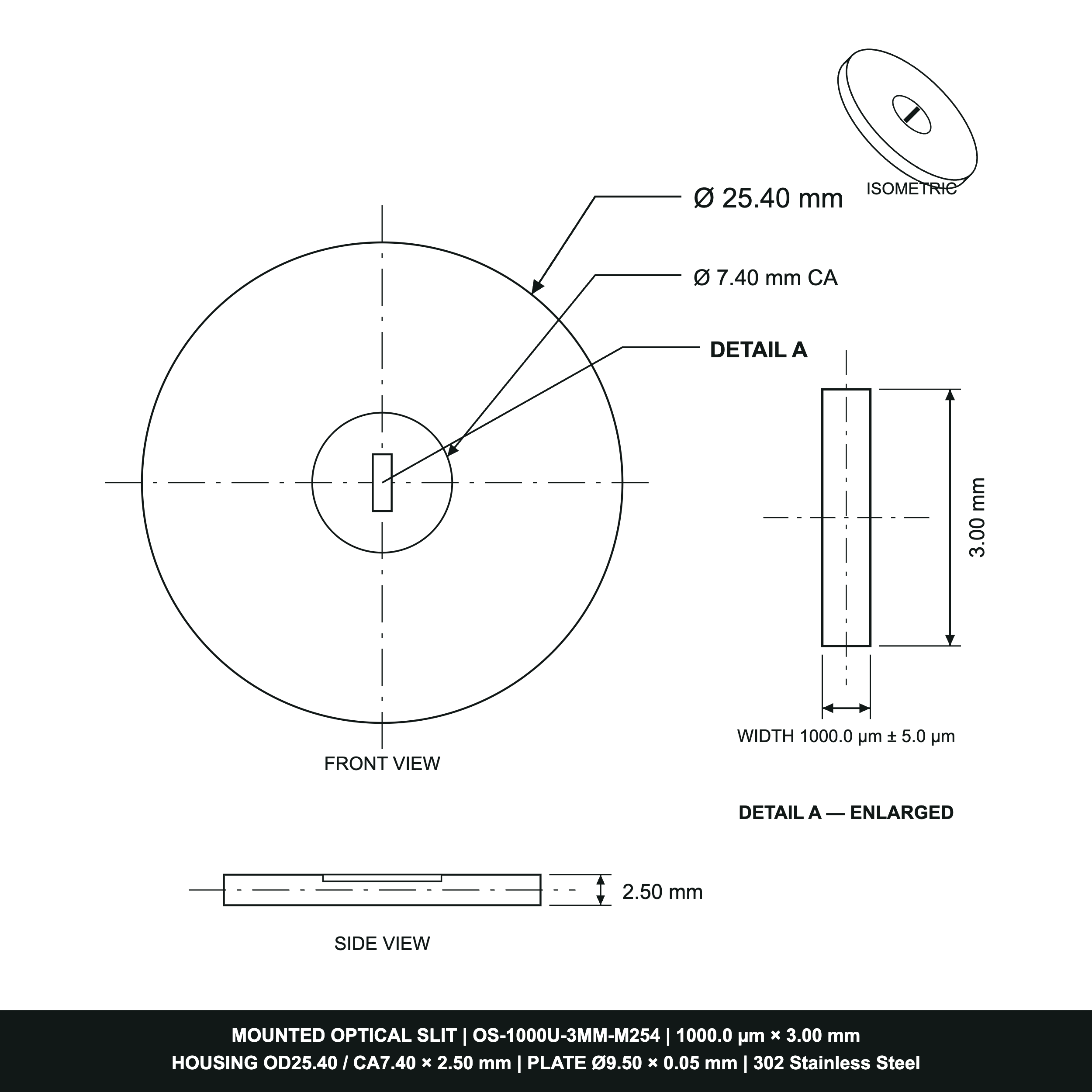 1000µm Width Optical Slit, Ø9.50/Ø18.0 Stainless Steel Plate