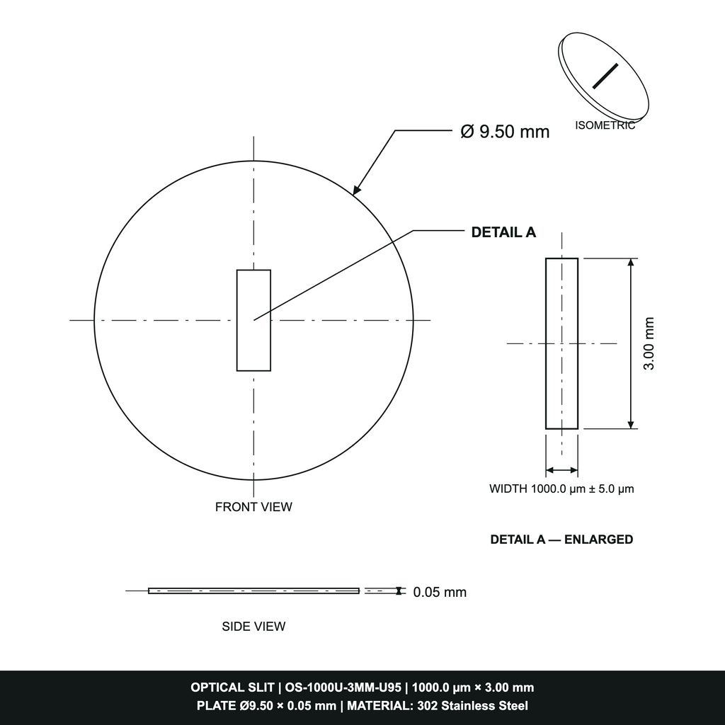 1000µm Width Optical Slit, Ø9.50/Ø18.0 Stainless Steel Plate