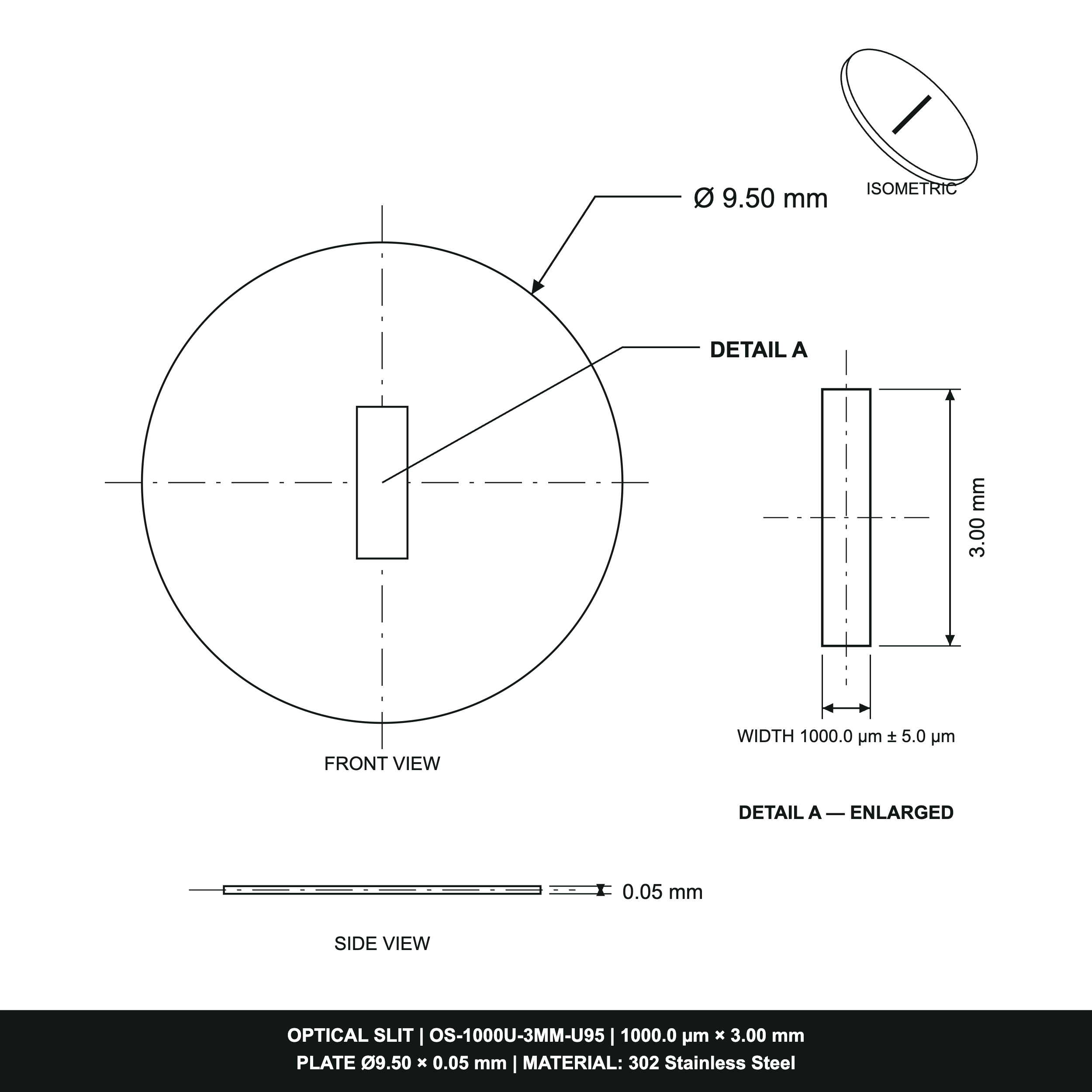 1000µm Width Optical Slit, Ø9.50/Ø18.0 Stainless Steel Plate
