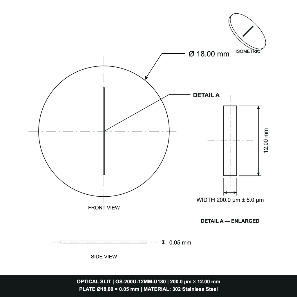 200µm Width Optical Slit, Ø9.50/Ø18.0 Stainless Steel Plate