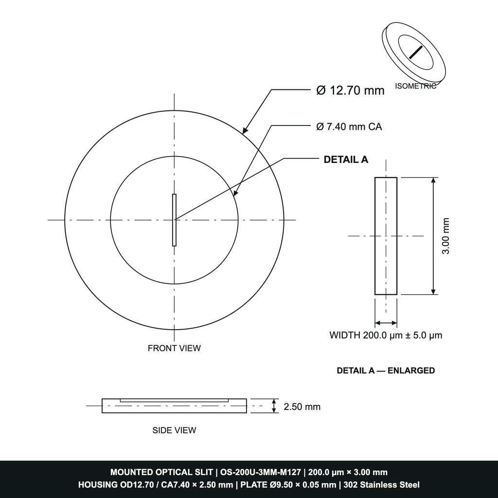 200µm Width Optical Slit, Ø9.50/Ø18.0 Stainless Steel Plate