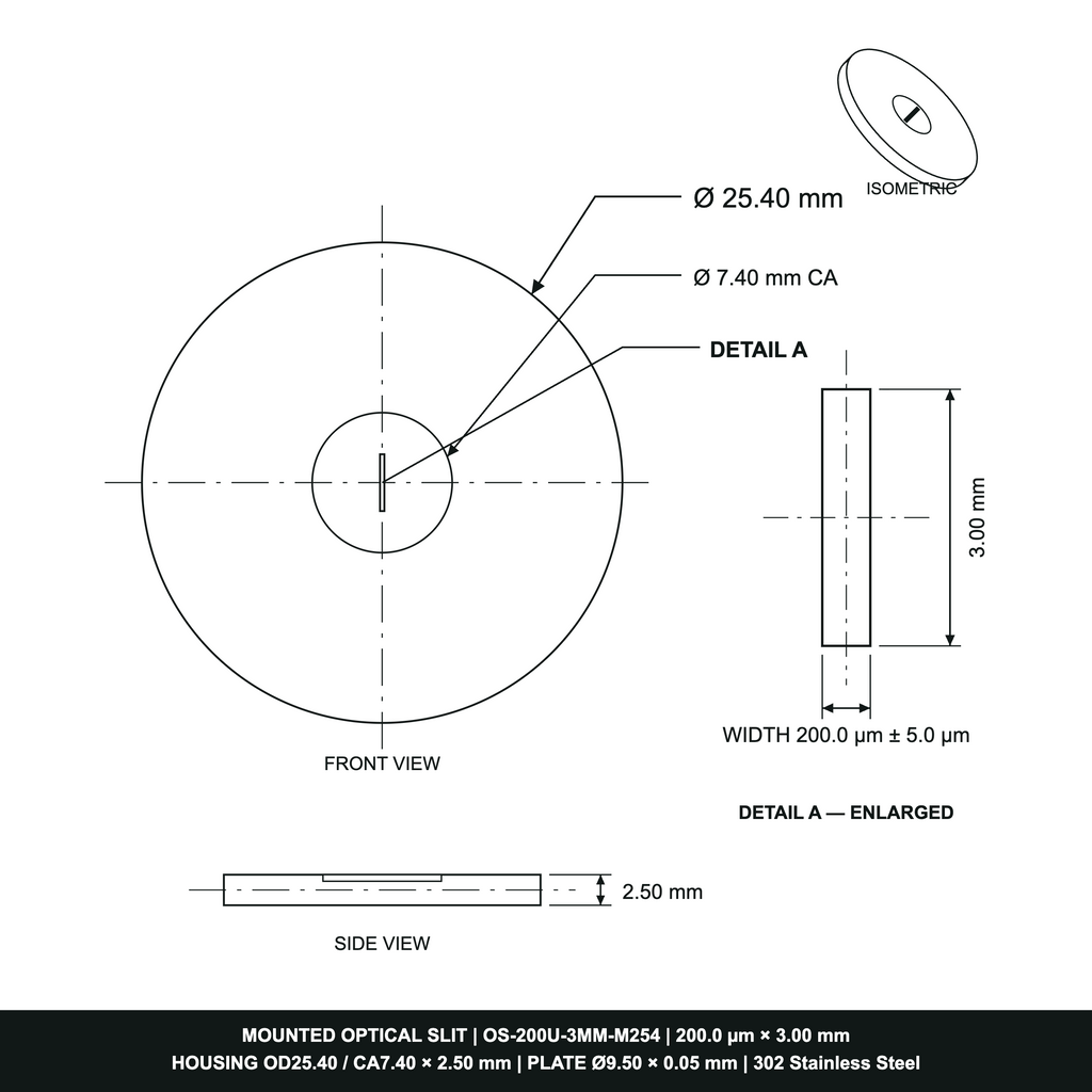 200µm Width Optical Slit, Ø9.50/Ø18.0 Stainless Steel Plate