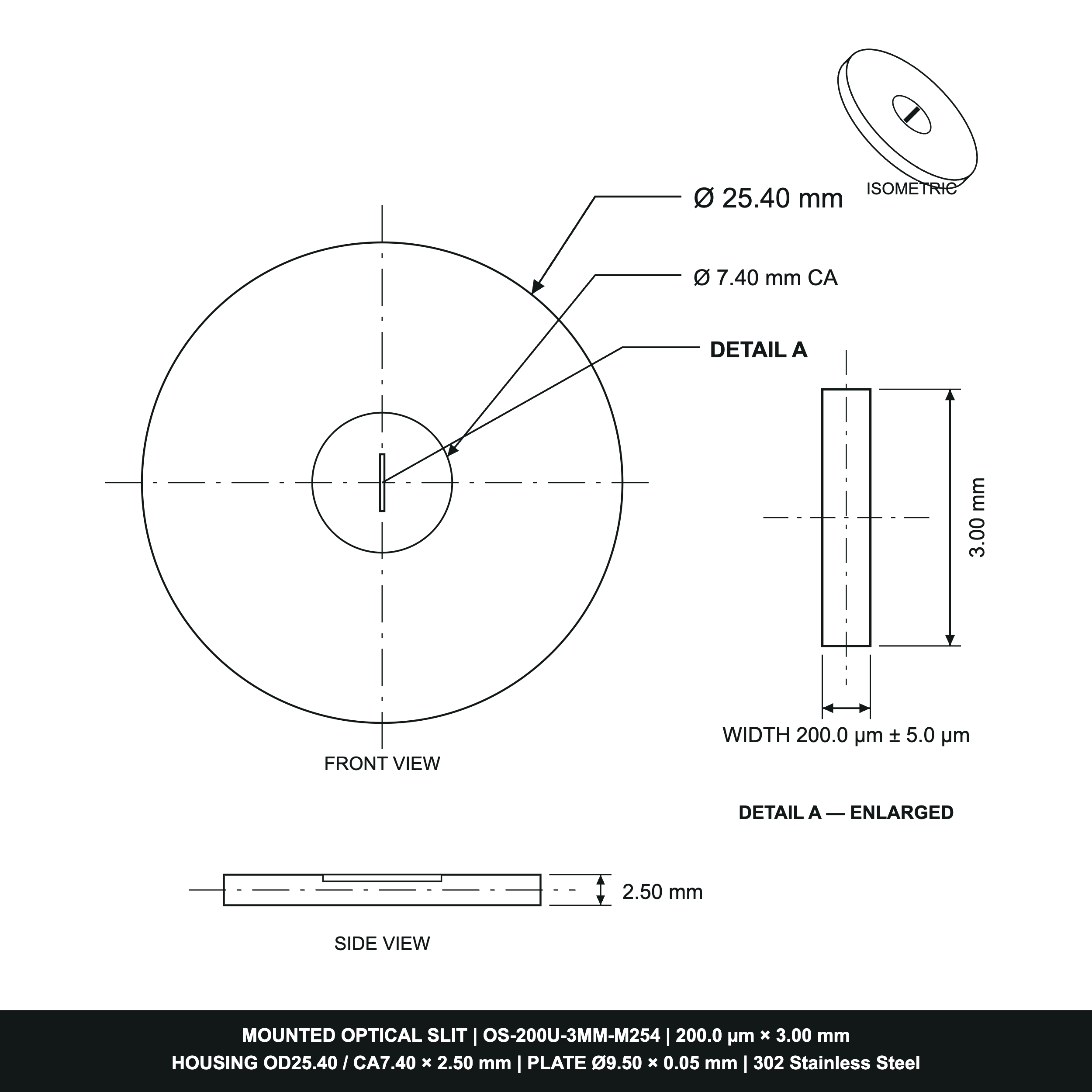 200µm Width Optical Slit, Ø9.50/Ø18.0 Stainless Steel Plate