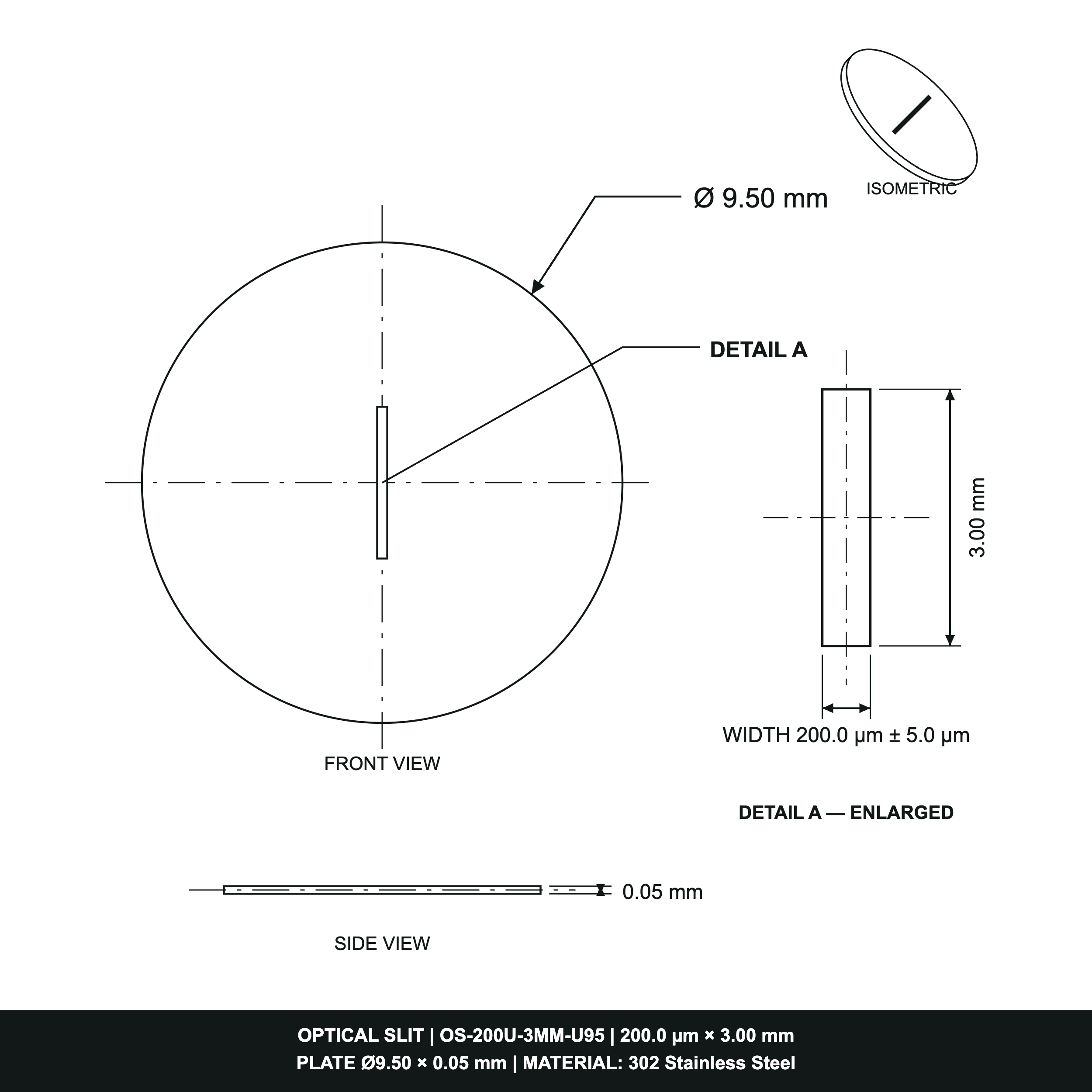 200µm Width Optical Slit, Ø9.50/Ø18.0 Stainless Steel Plate