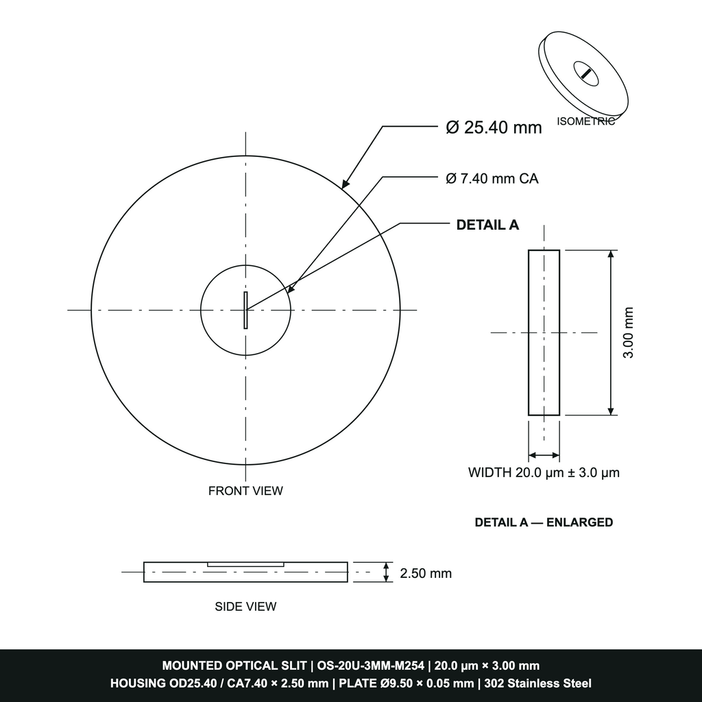 20µm Width Optical Slit, Ø9.50/Ø18.0 Stainless Steel Plate