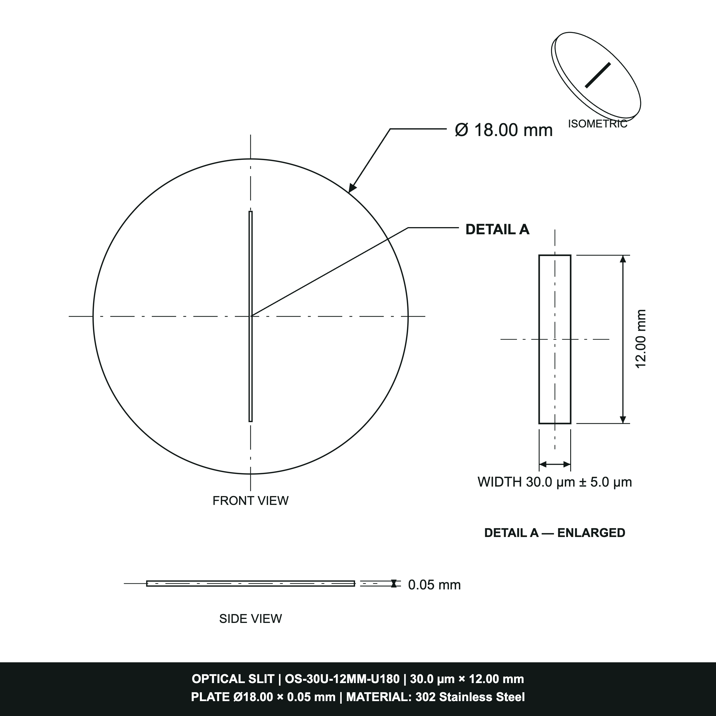 30µm Width Optical Slit, Ø9.50/Ø18.0 Stainless Steel Plate