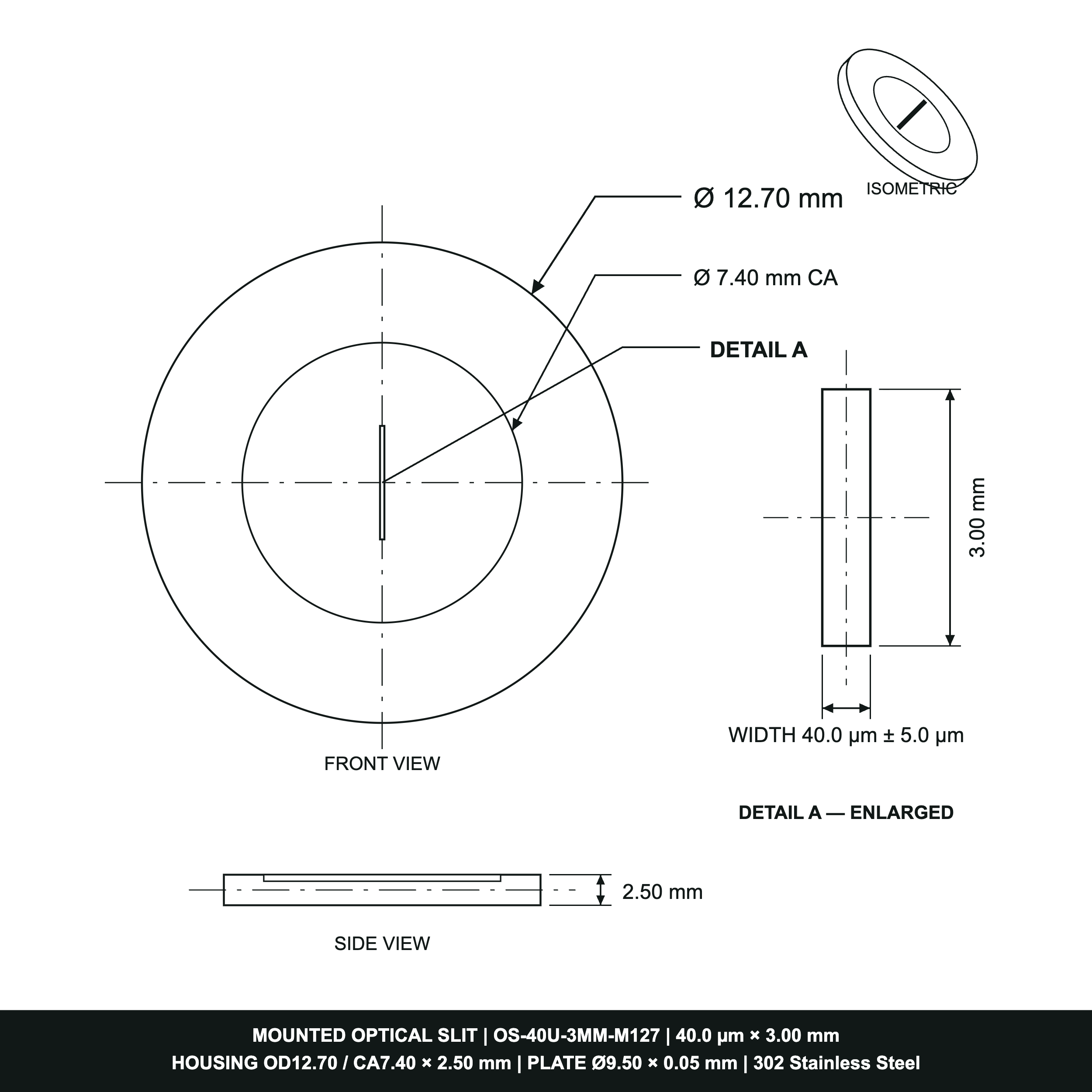 40µm Width Optical Slit, Ø9.50/Ø18.0 Stainless Steel Plate
