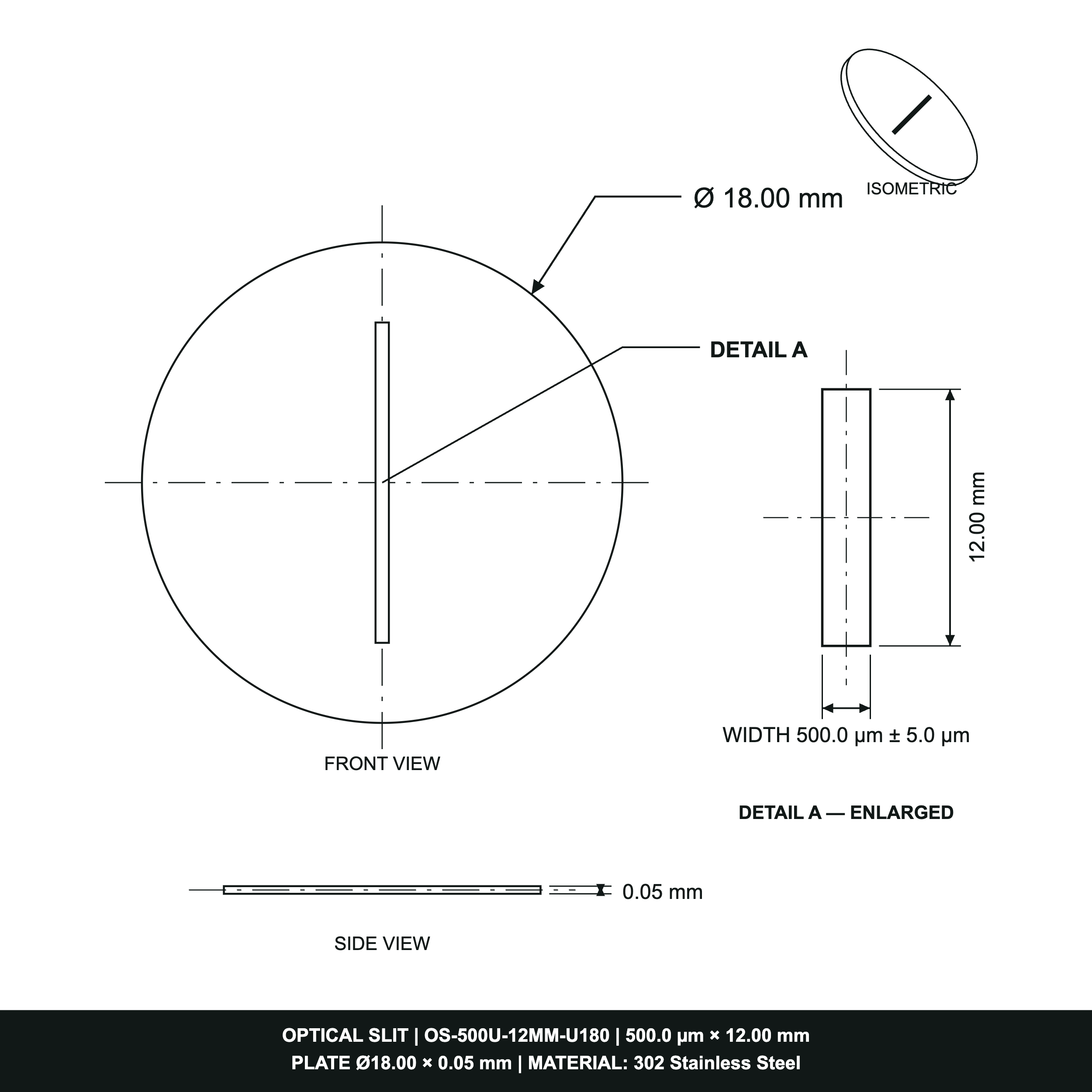 500µm Width Optical Slit, Ø9.50/Ø18.0 Stainless Steel Plate