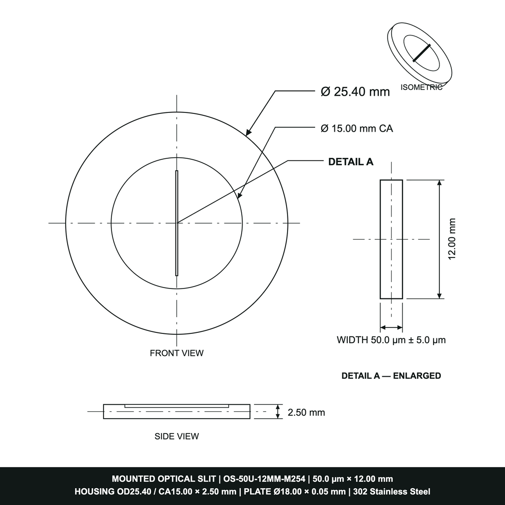 50µm Width Optical Slit, Ø9.50/Ø18.0 Stainless Steel Plate
