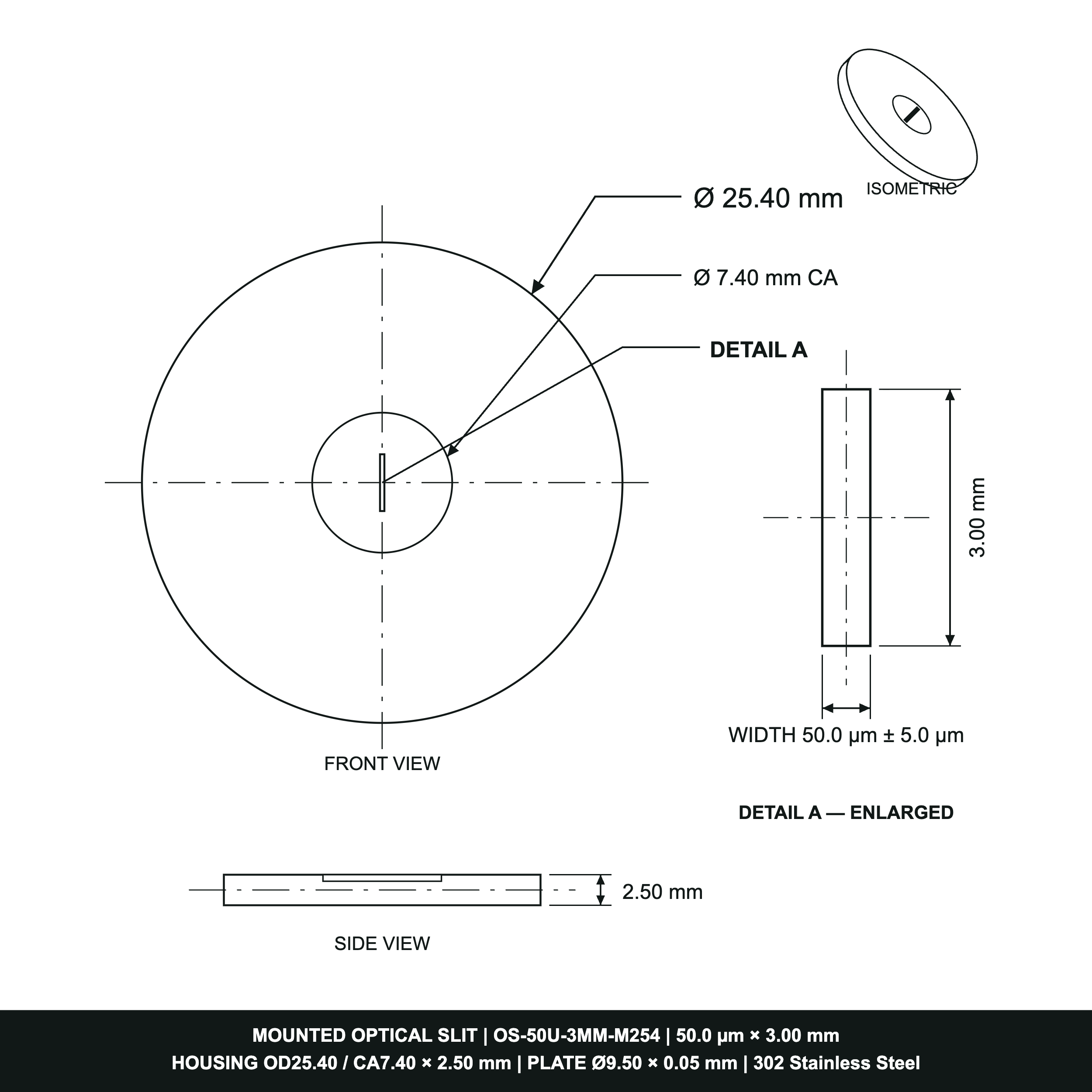50µm Width Optical Slit, Ø9.50/Ø18.0 Stainless Steel Plate