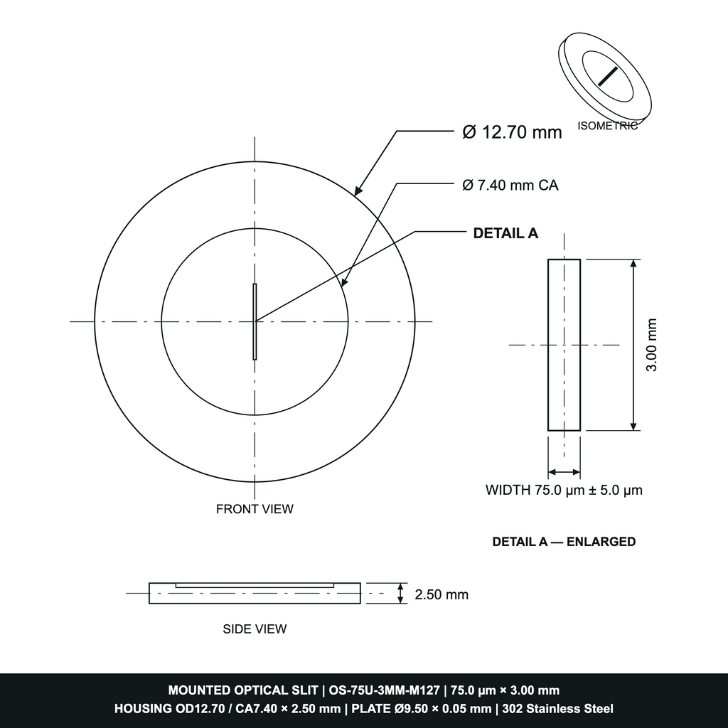 75µm Width Optical Slit, Ø9.50/Ø18.0 Stainless Steel Plate