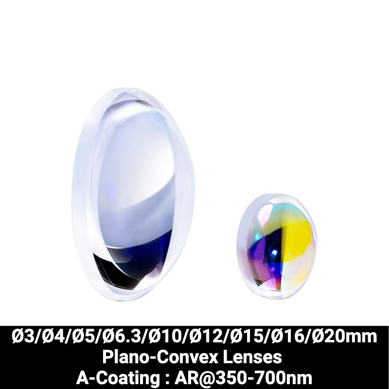 Ø3/Ø4/Ø5/Ø6.3/Ø10/Ø12/Ø15/Ø16/Ø20mm N-BK7 Plano-Convex Lenses (A-Coating : AR@350-700nm)