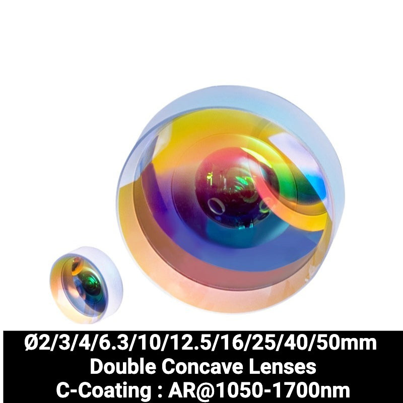 Ø2/3/4/6.3/10/12.5/16/25/40/50mm N-BK7 Double Concave Lenses（C-Coating : AR@1050-1700nm）
