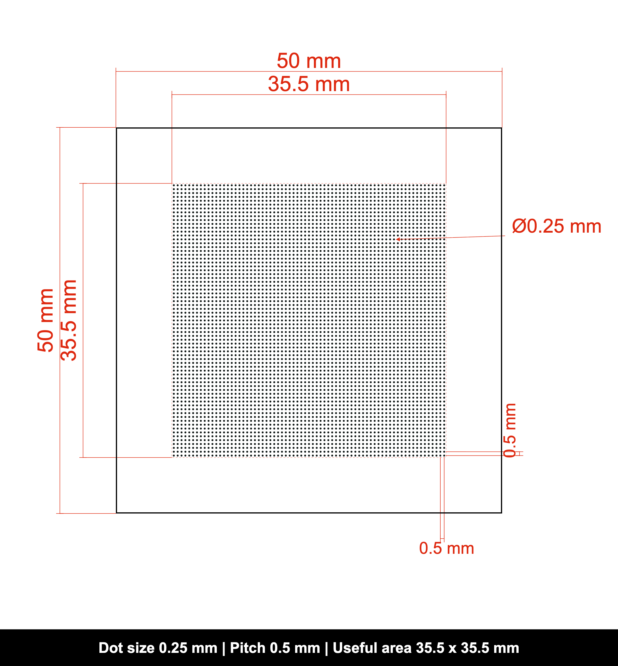 0.25mm Dot Grid Target | Optical Glass | 50x50mm | Positive