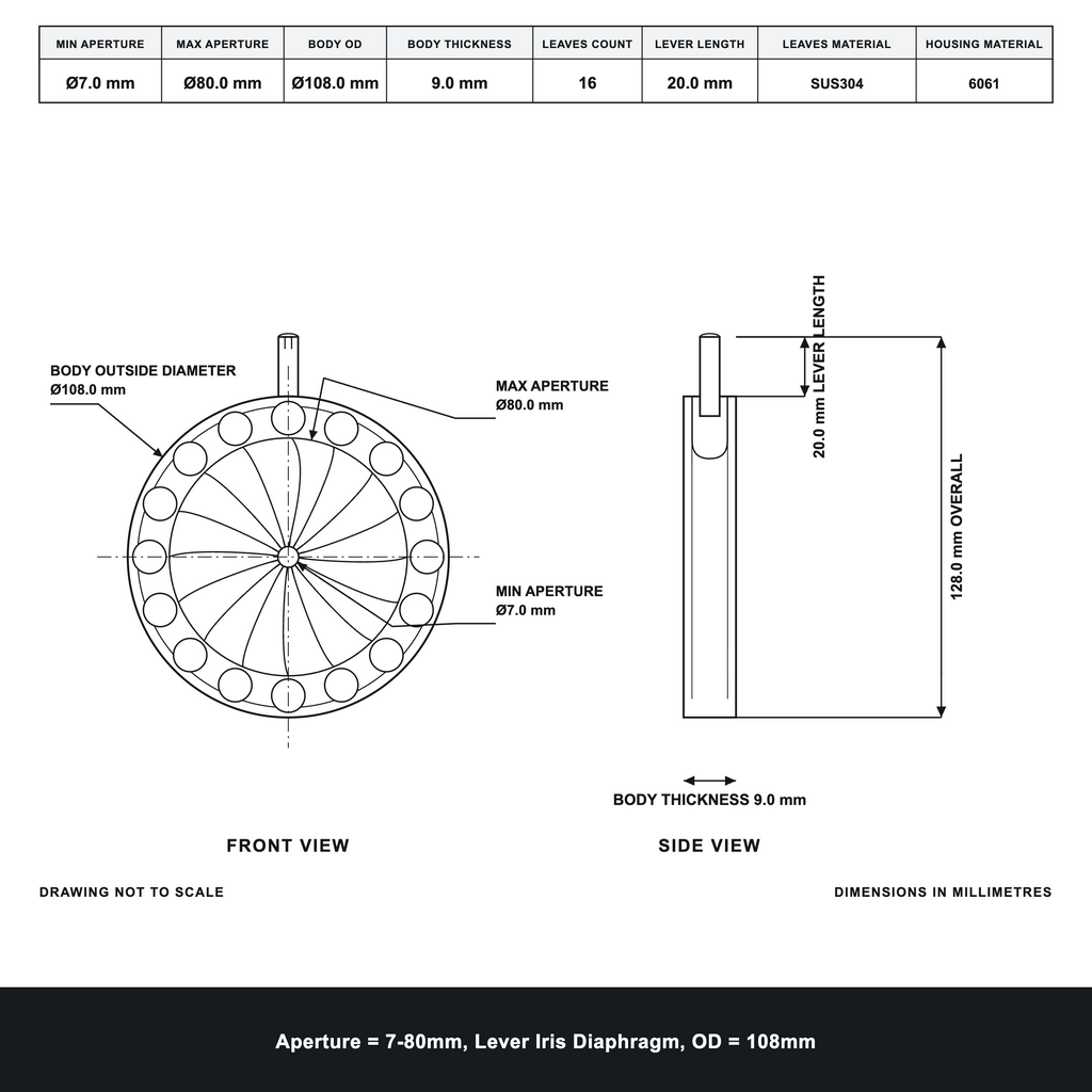Aperture = Ø7-80mm, Lever Iris Diaphragm, Outer Diameter = Ø108mm