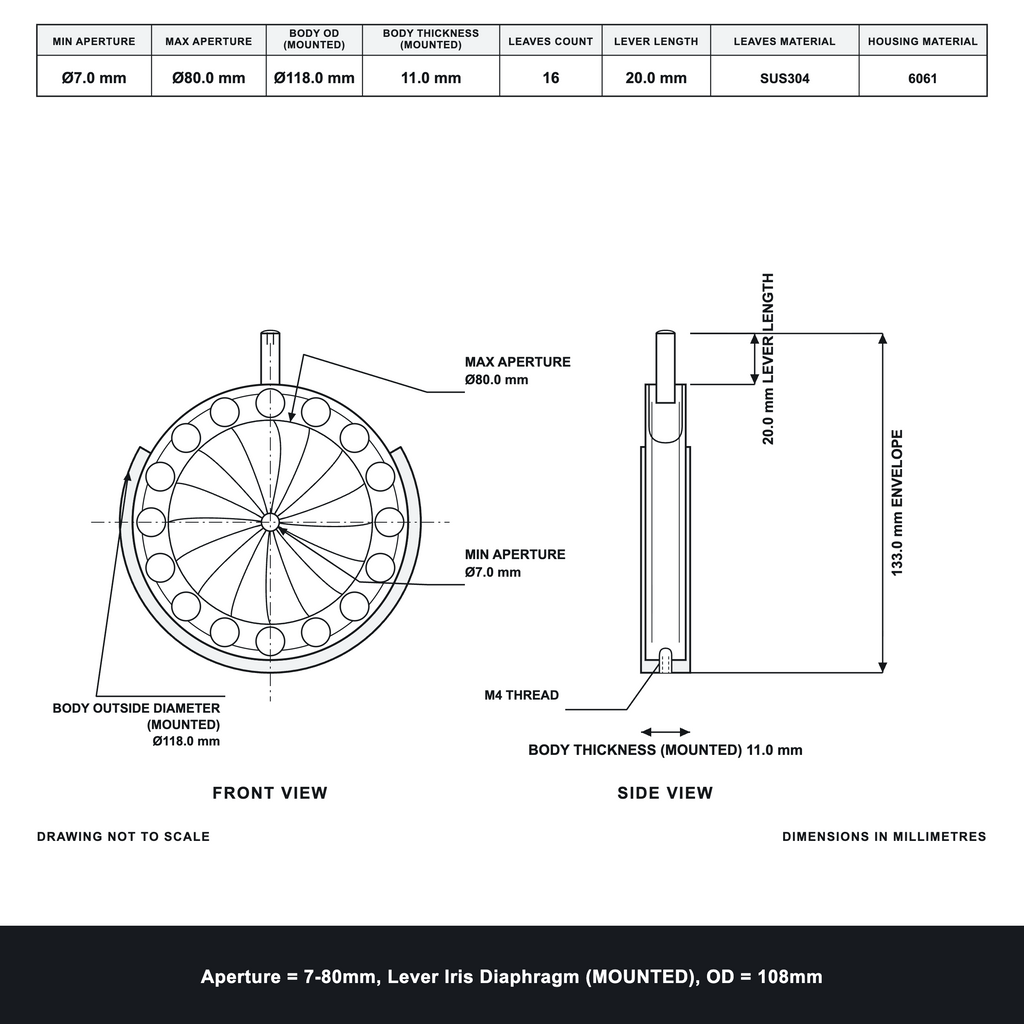 Aperture = Ø7-80mm, Lever Iris Diaphragm, Outer Diameter = Ø108mm