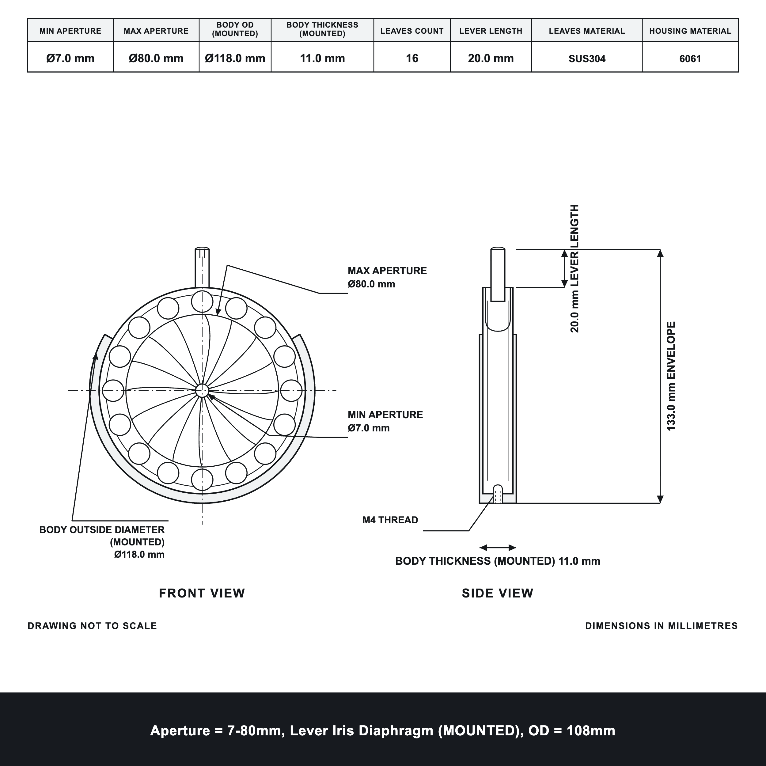 Aperture = Ø7-80mm, Lever Iris Diaphragm, Outer Diameter = Ø108mm