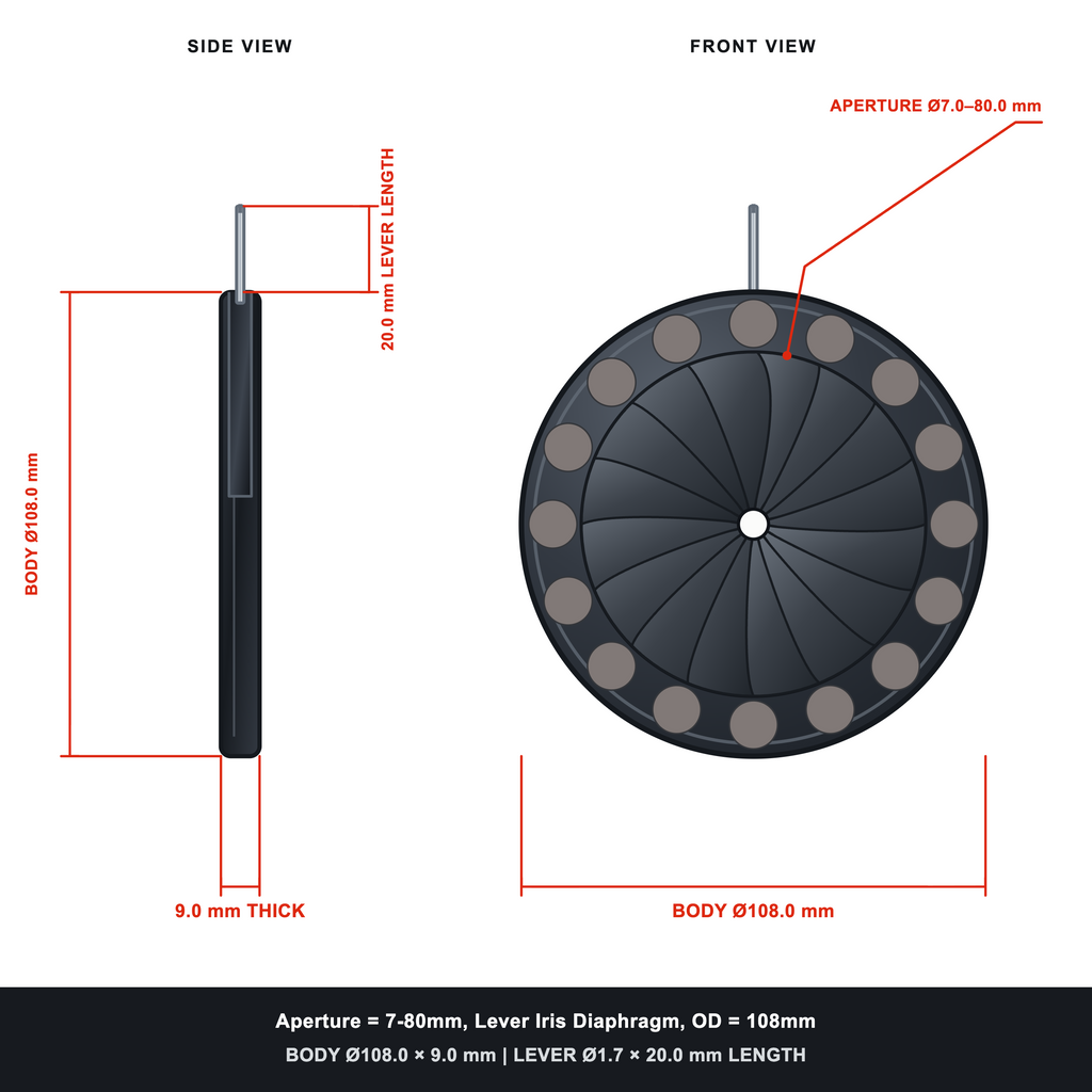 Aperture = Ø7-80mm, Lever Iris Diaphragm, Outer Diameter = Ø108mm