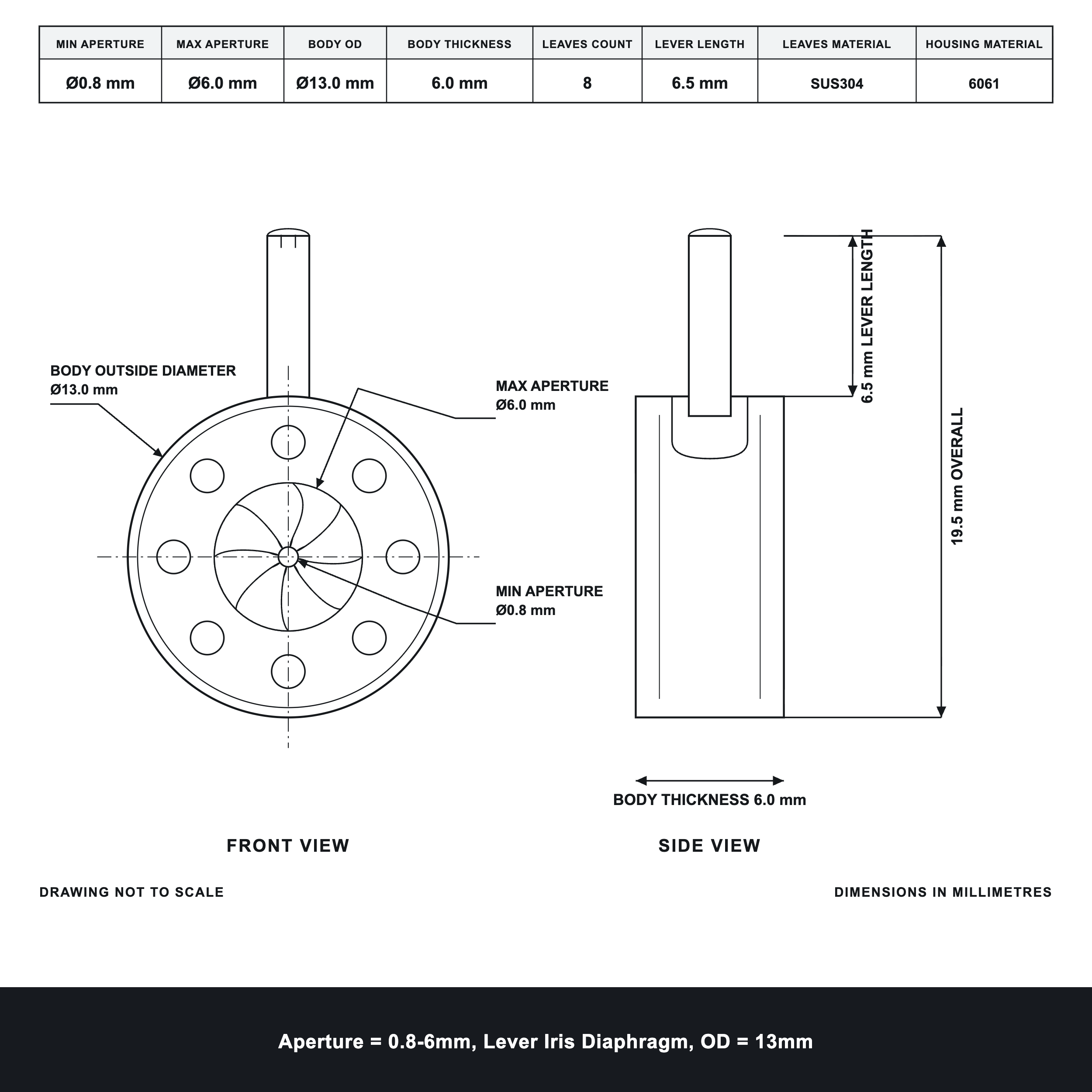 Aperture = Ø0.8-6mm, Lever Iris Diaphragm, Outer Diameter = Ø13mm