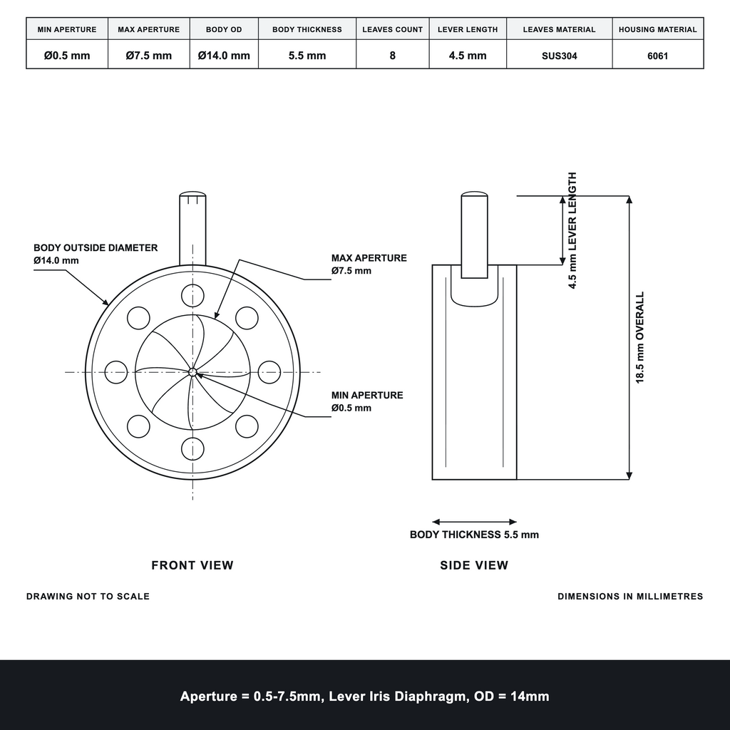 Aperture = Ø0.5-7.5mm, Lever Iris Diaphragm, Outer Diameter = Ø14mm