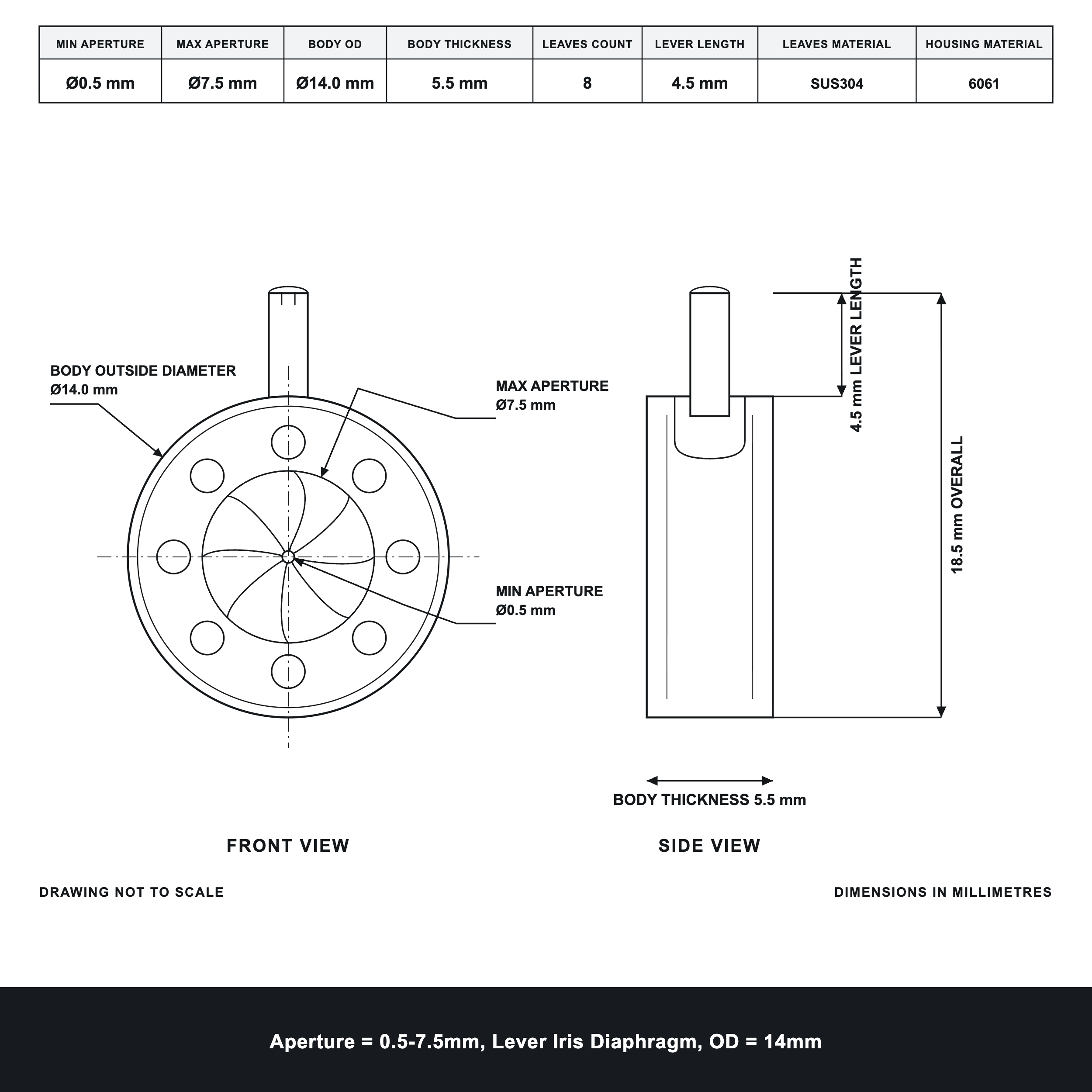 Aperture = Ø0.5-7.5mm, Lever Iris Diaphragm, Outer Diameter = Ø14mm