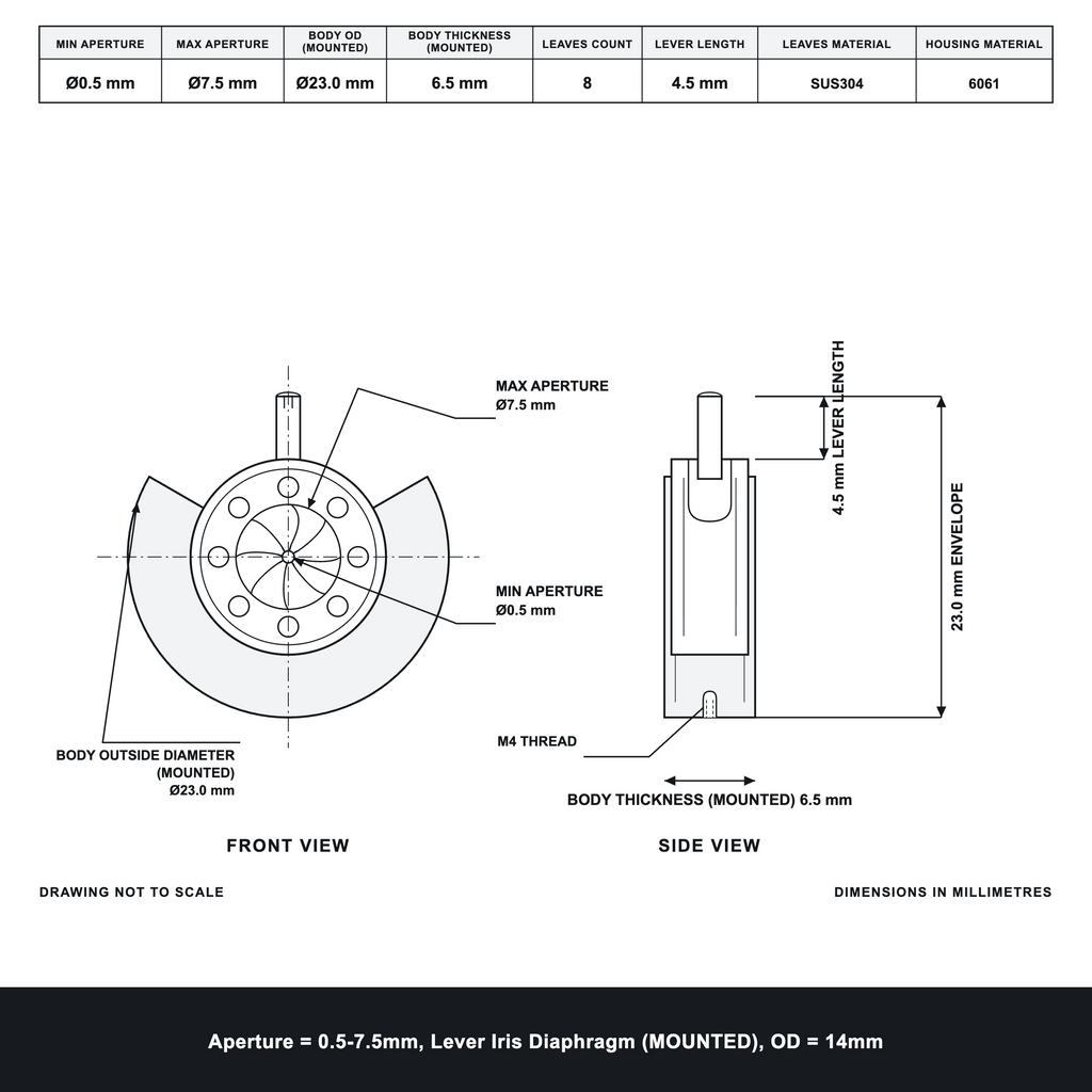 Aperture = Ø0.5-7.5mm, Lever Iris Diaphragm, Outer Diameter = Ø14mm