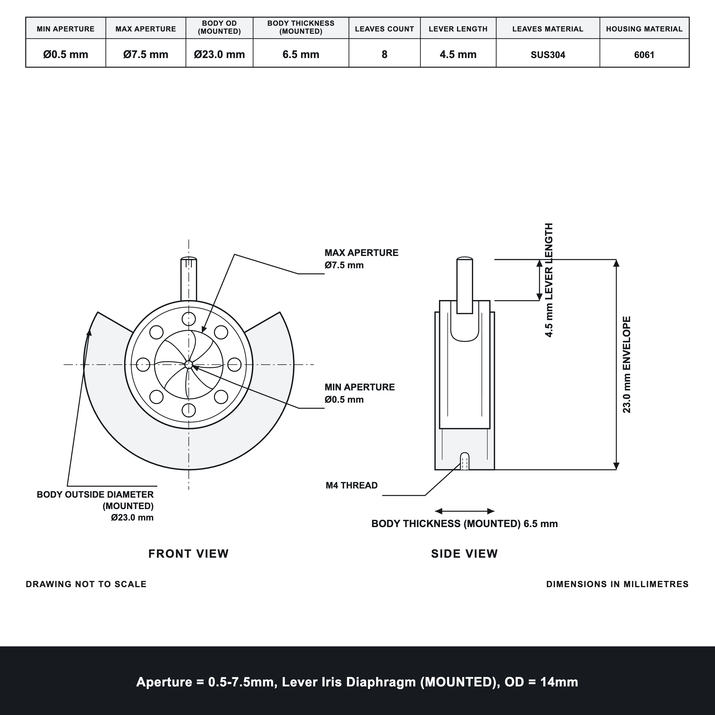 Aperture = Ø0.5-7.5mm, Lever Iris Diaphragm, Outer Diameter = Ø14mm