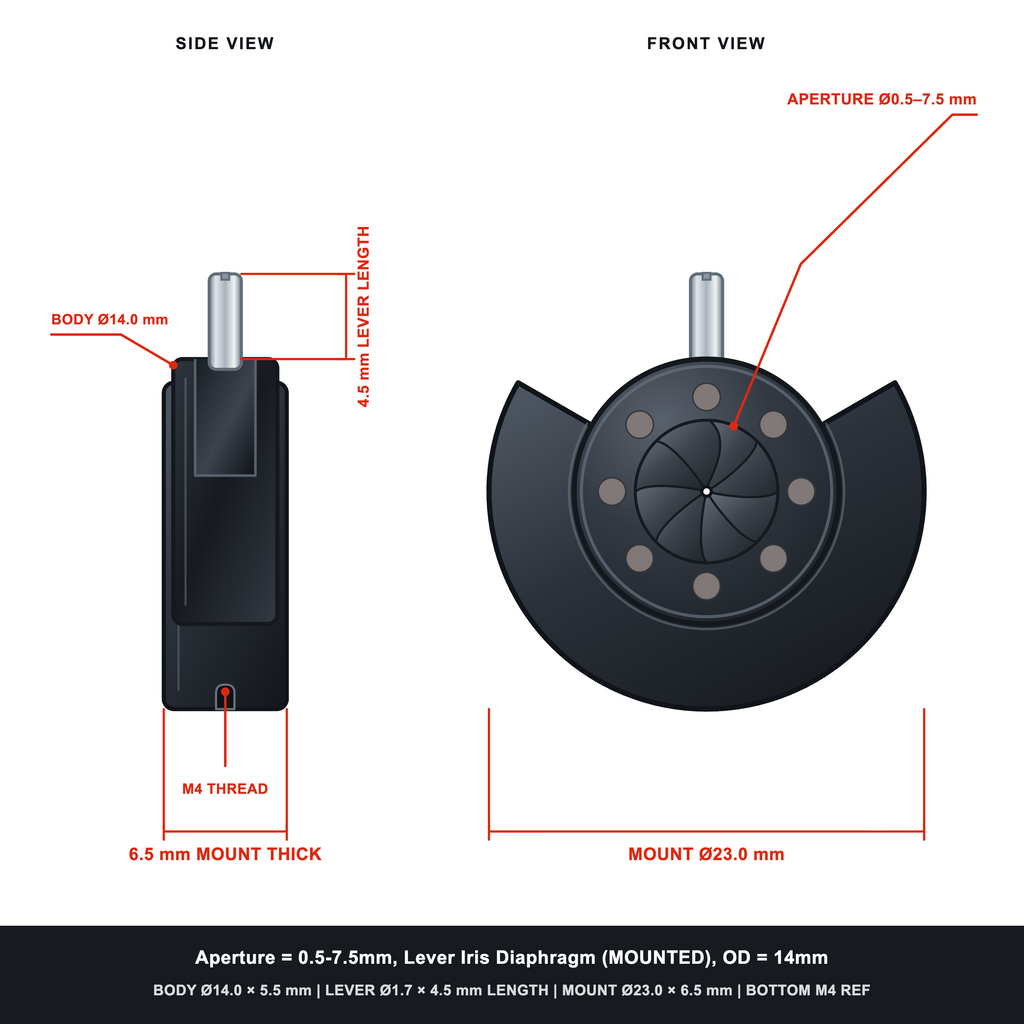 Aperture = Ø0.5-7.5mm, Lever Iris Diaphragm, Outer Diameter = Ø14mm