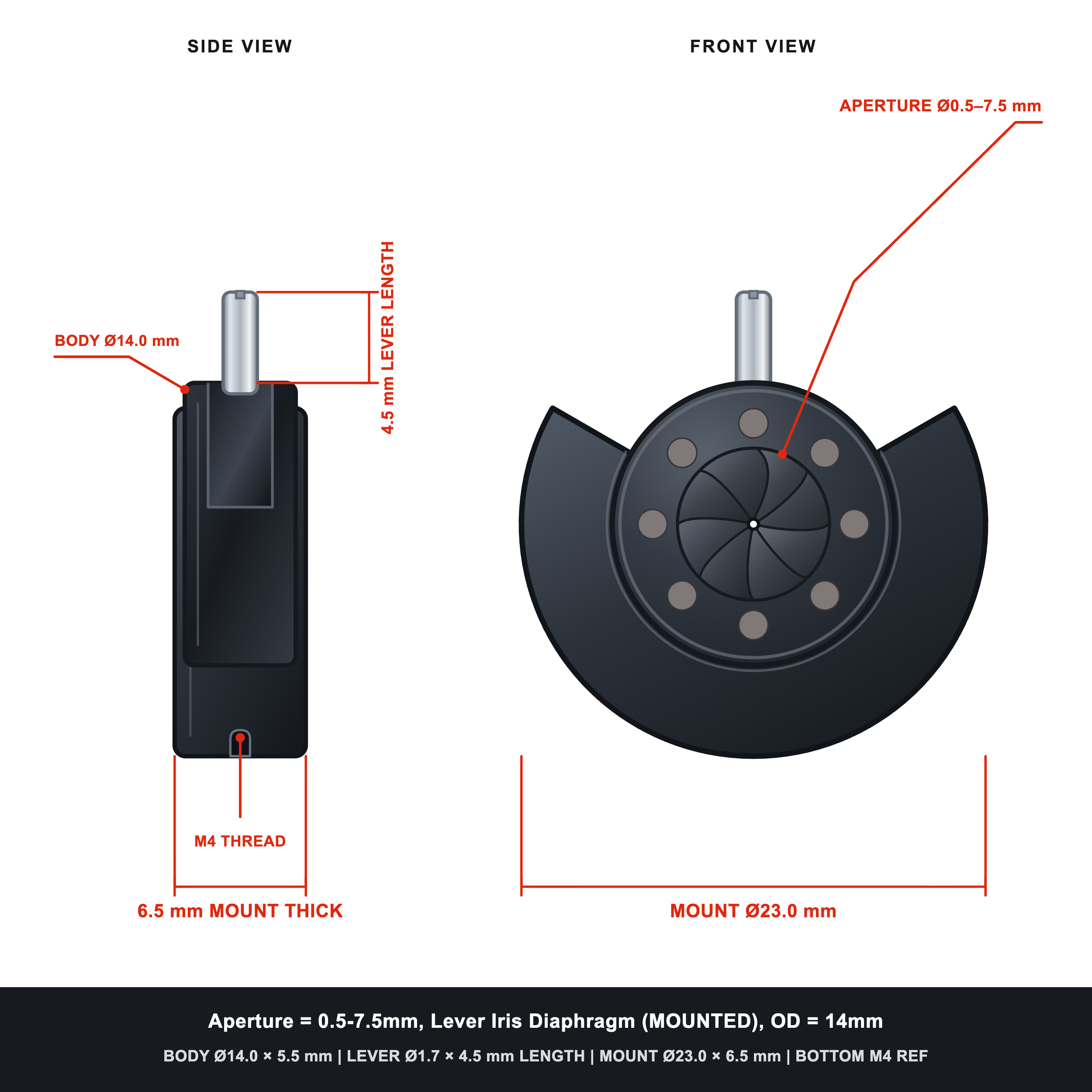 Aperture = Ø0.5-7.5mm, Lever Iris Diaphragm, Outer Diameter = Ø14mm