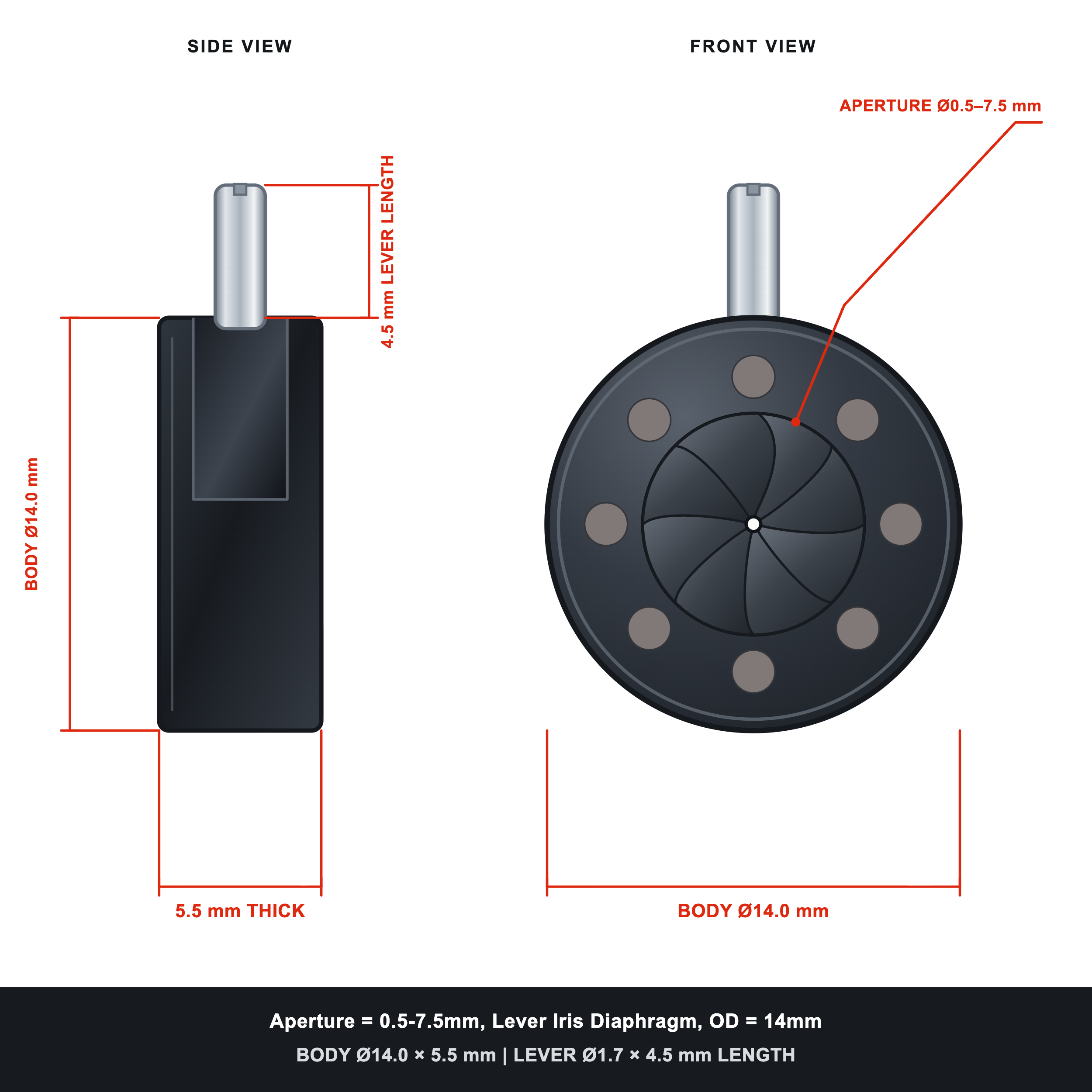 Aperture = Ø0.5-7.5mm, Lever Iris Diaphragm, Outer Diameter = Ø14mm