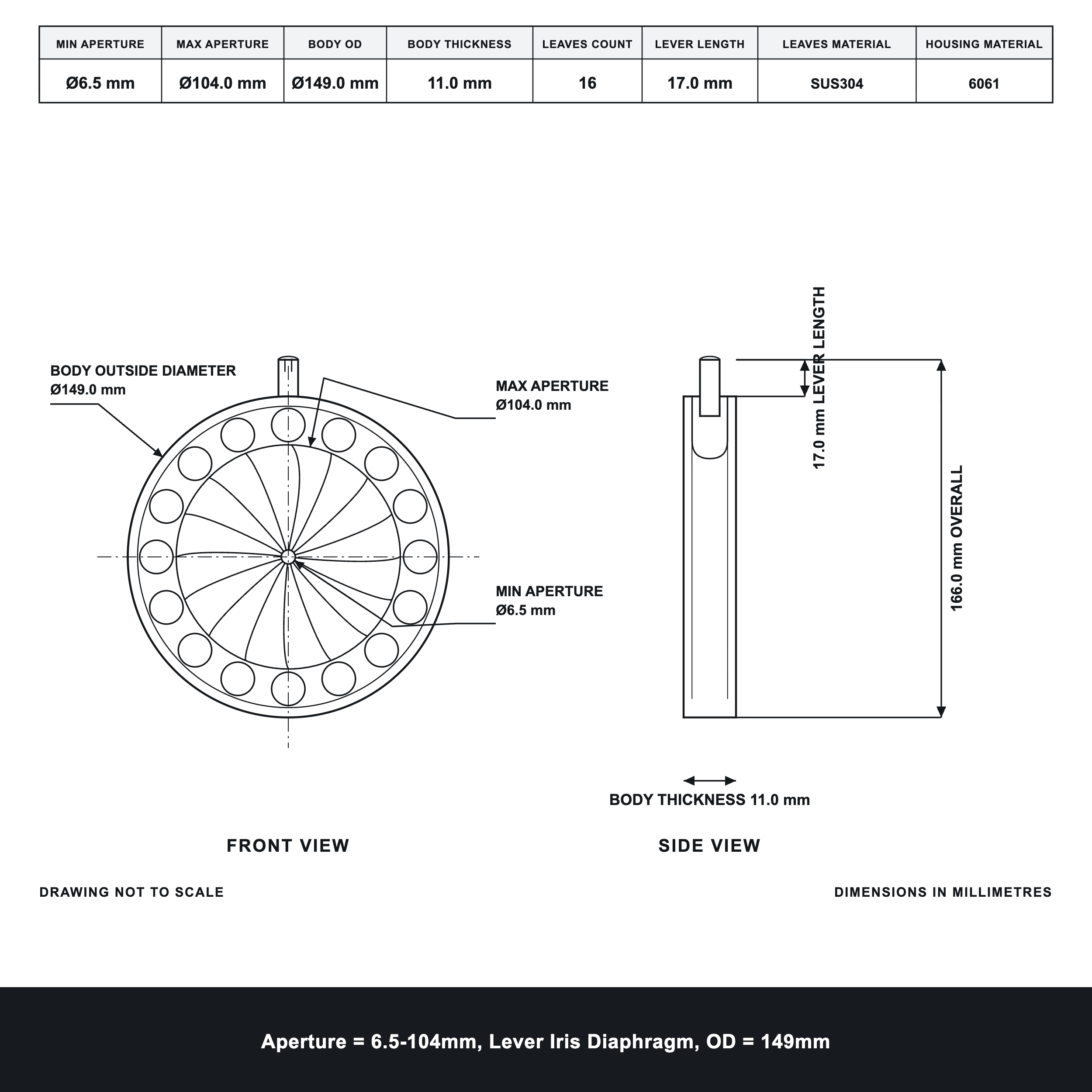 Aperture = Ø6.5-104mm, Lever Iris Diaphragm, Outer Diameter = Ø149mm