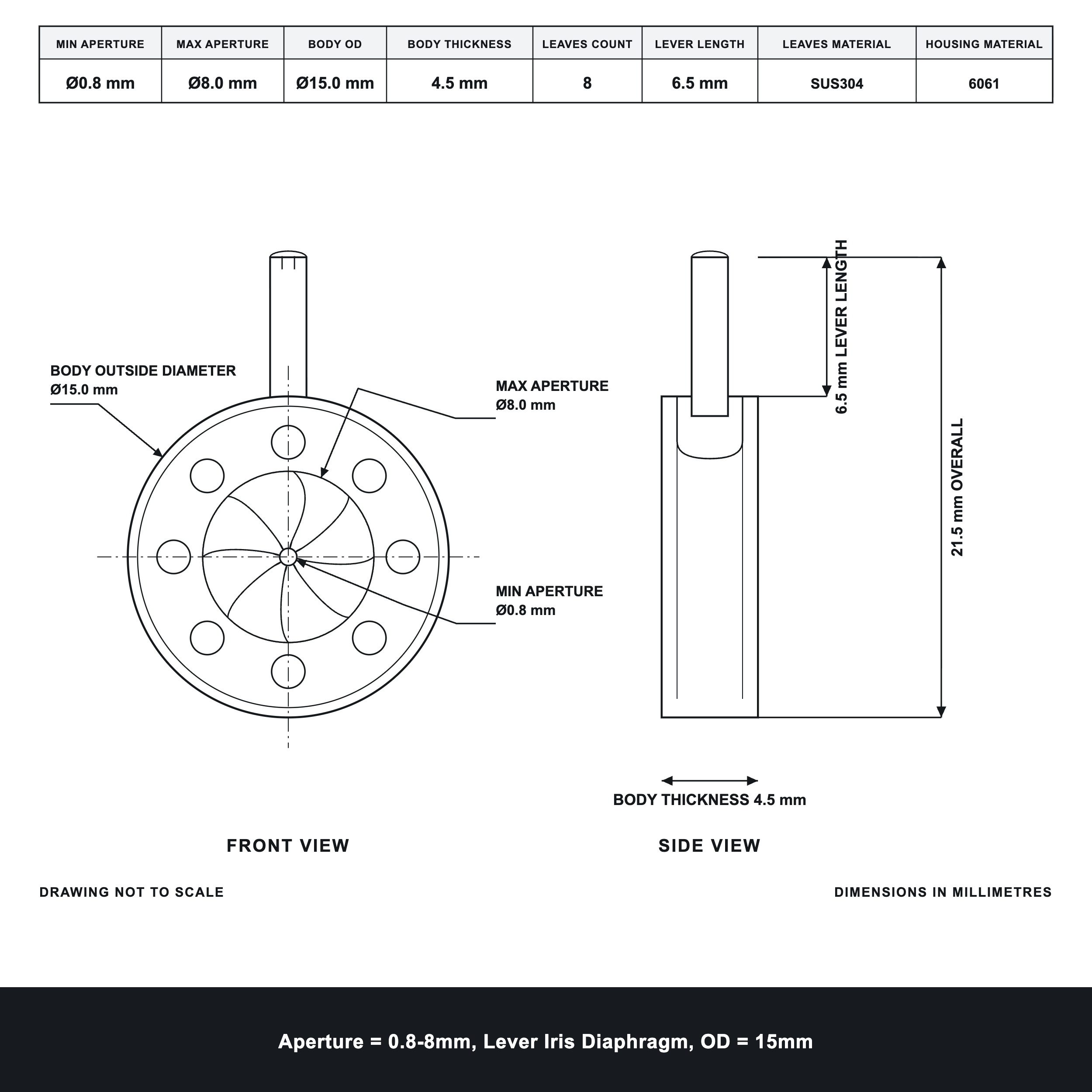 Aperture = Ø0.8-8mm, Lever Iris Diaphragm, Outer Diameter = Ø15mm