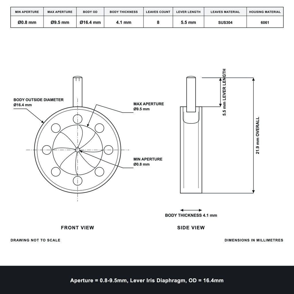 Aperture = Ø0.8-9.5mm, Lever Iris Diaphragm, Outer Diameter = Ø16.4mm
