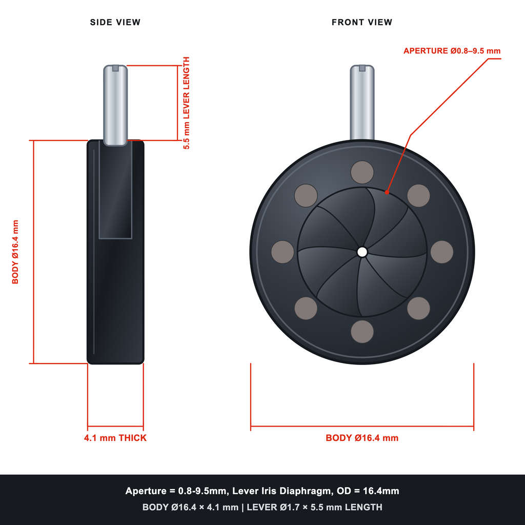 Aperture = Ø0.8-9.5mm, Lever Iris Diaphragm, Outer Diameter = Ø16.4mm