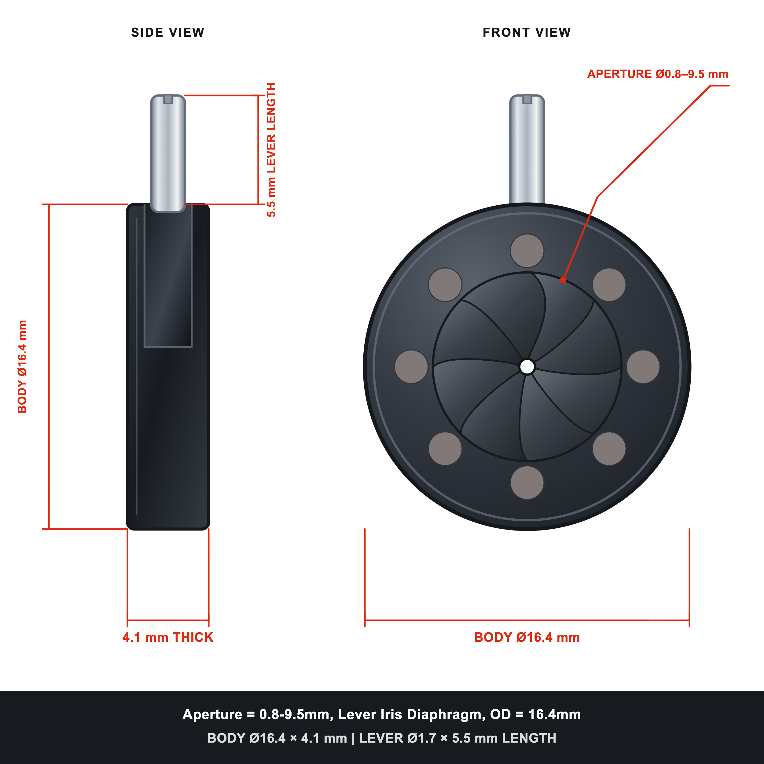 Aperture = Ø0.8-9.5mm, Lever Iris Diaphragm, Outer Diameter = Ø16.4mm