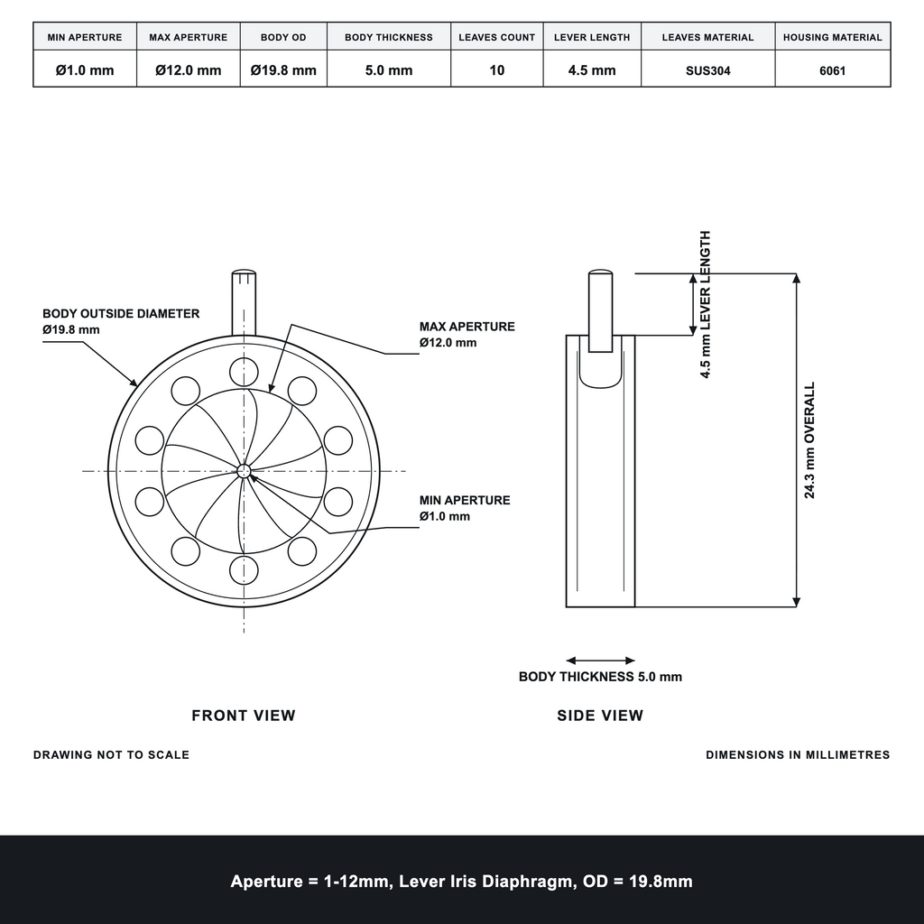 Aperture = Ø1-12mm, Lever Iris Diaphragm, Outer Diameter = Ø19.8mm