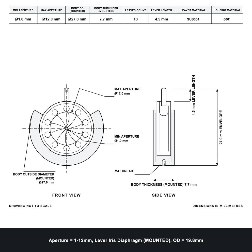 Aperture = Ø1-12mm, Lever Iris Diaphragm, Outer Diameter = Ø19.8mm