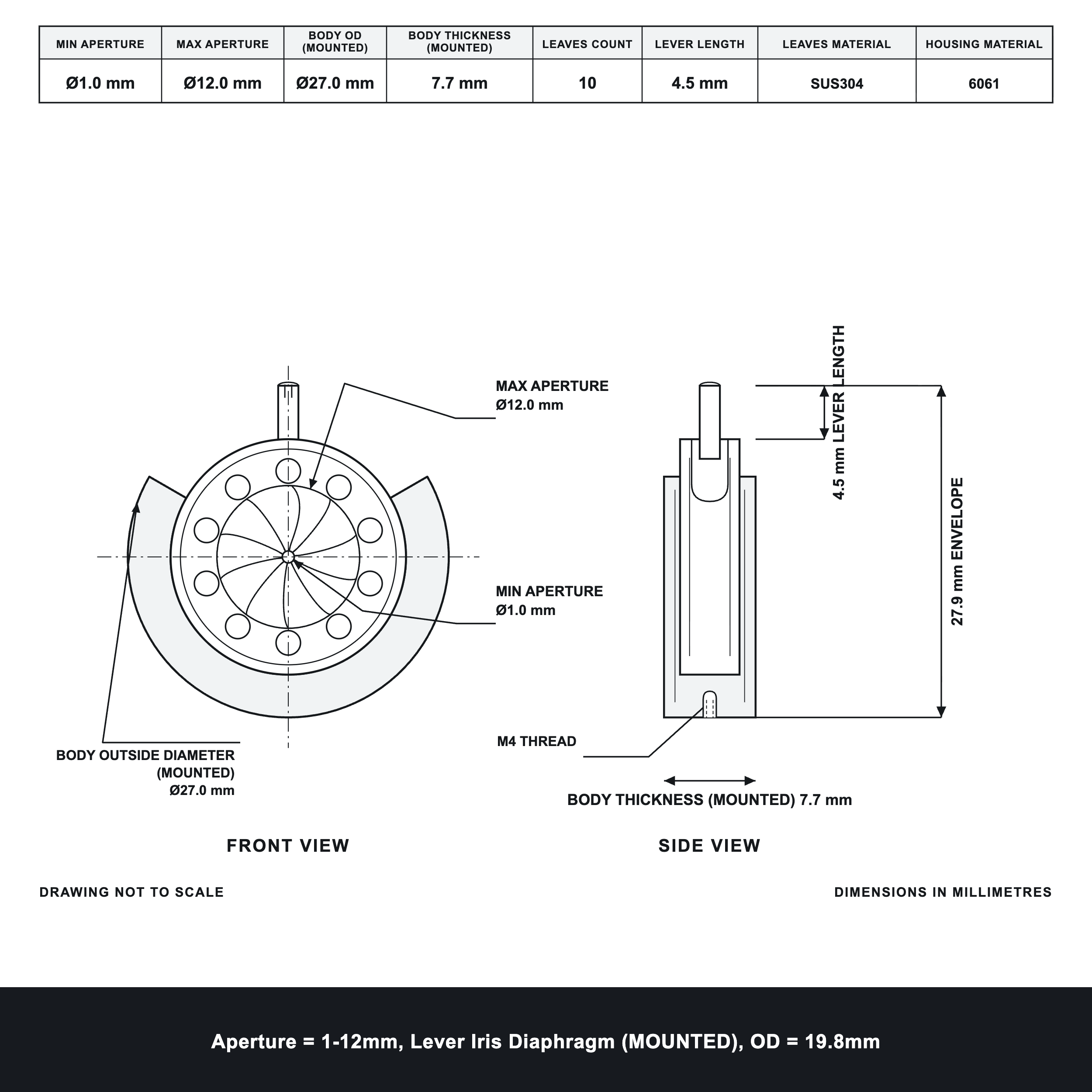 Aperture = Ø1-12mm, Lever Iris Diaphragm, Outer Diameter = Ø19.8mm