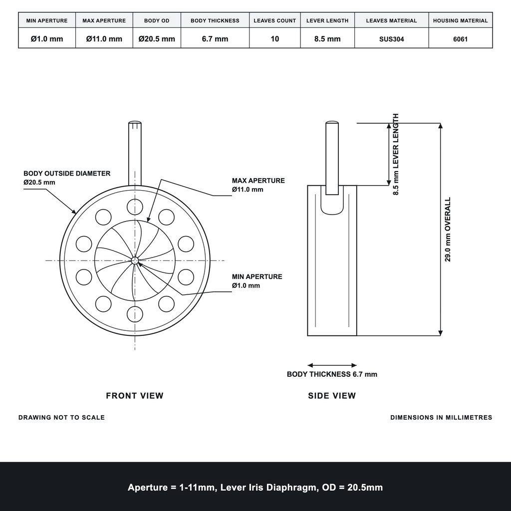 Aperture = Ø1-11mm, Lever Iris Diaphragm, Outer Diameter = Ø20.5mm