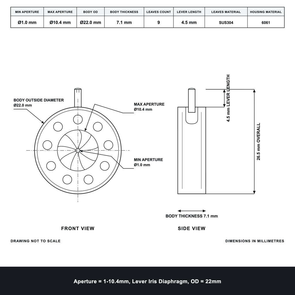 Aperture = Ø1-10.4mm, Lever Iris Diaphragm, Outer Diameter = Ø22mm