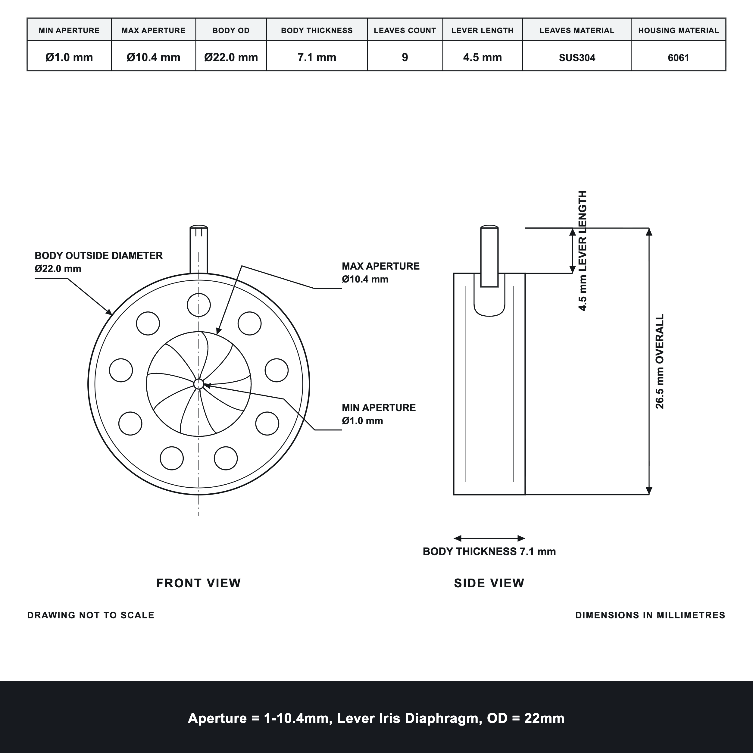 Aperture = Ø1-10.4mm, Lever Iris Diaphragm, Outer Diameter = Ø22mm