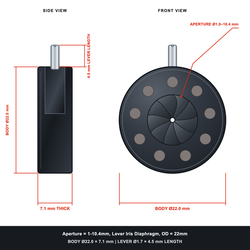 Aperture = Ø1-10.4mm, Lever Iris Diaphragm, Outer Diameter = Ø22mm