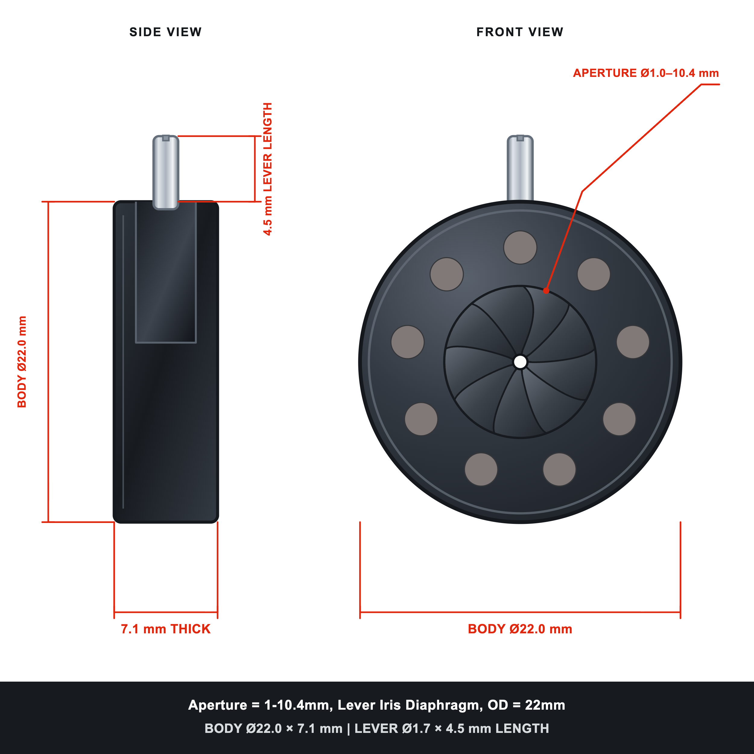 Aperture = Ø1-10.4mm, Lever Iris Diaphragm, Outer Diameter = Ø22mm