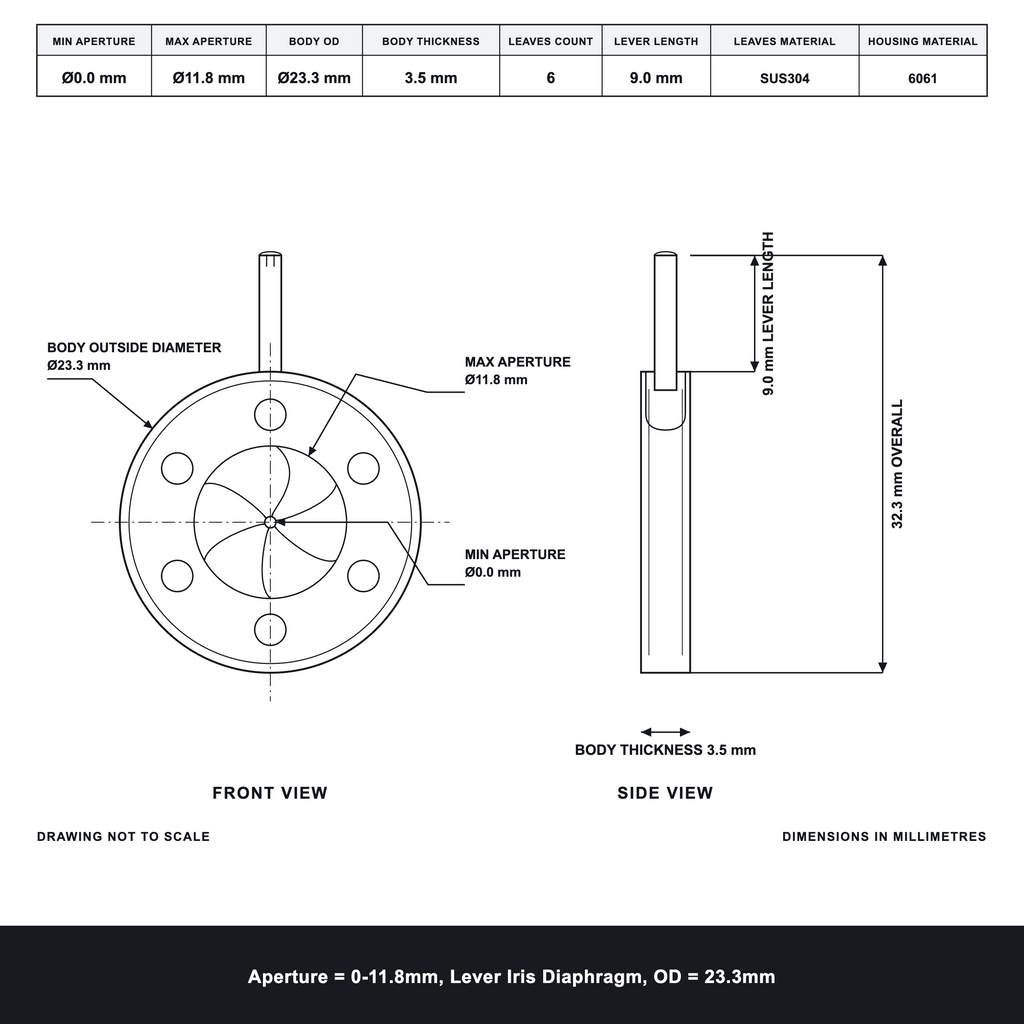 Aperture = Ø0-11.8mm, Lever Iris Diaphragm, Outer Diameter = Ø23.3mm