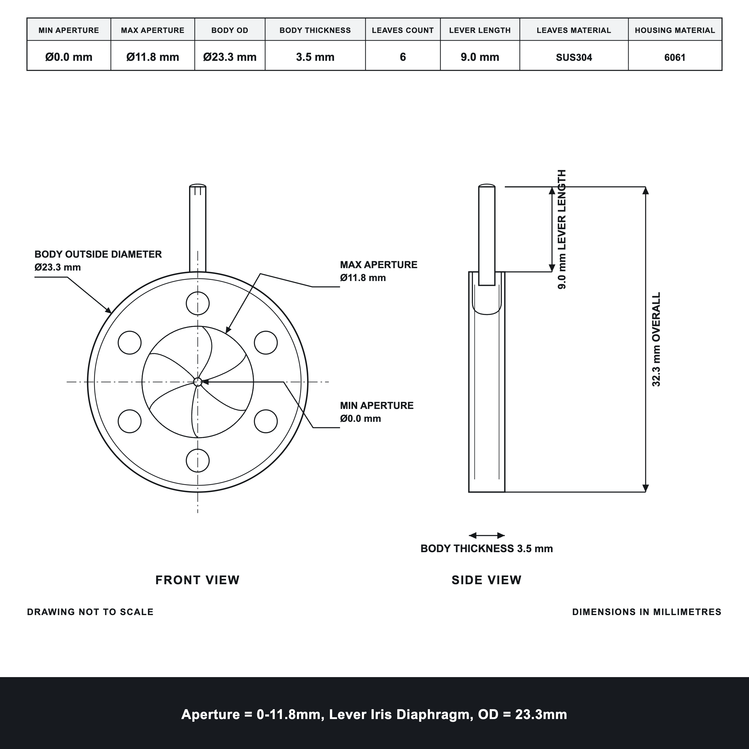 Aperture = Ø0-11.8mm, Lever Iris Diaphragm, Outer Diameter = Ø23.3mm