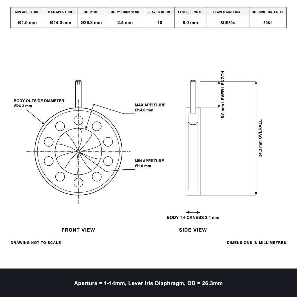 Aperture = Ø1-14mm, Lever Iris Diaphragm, Outer Diameter = Ø26.3mm