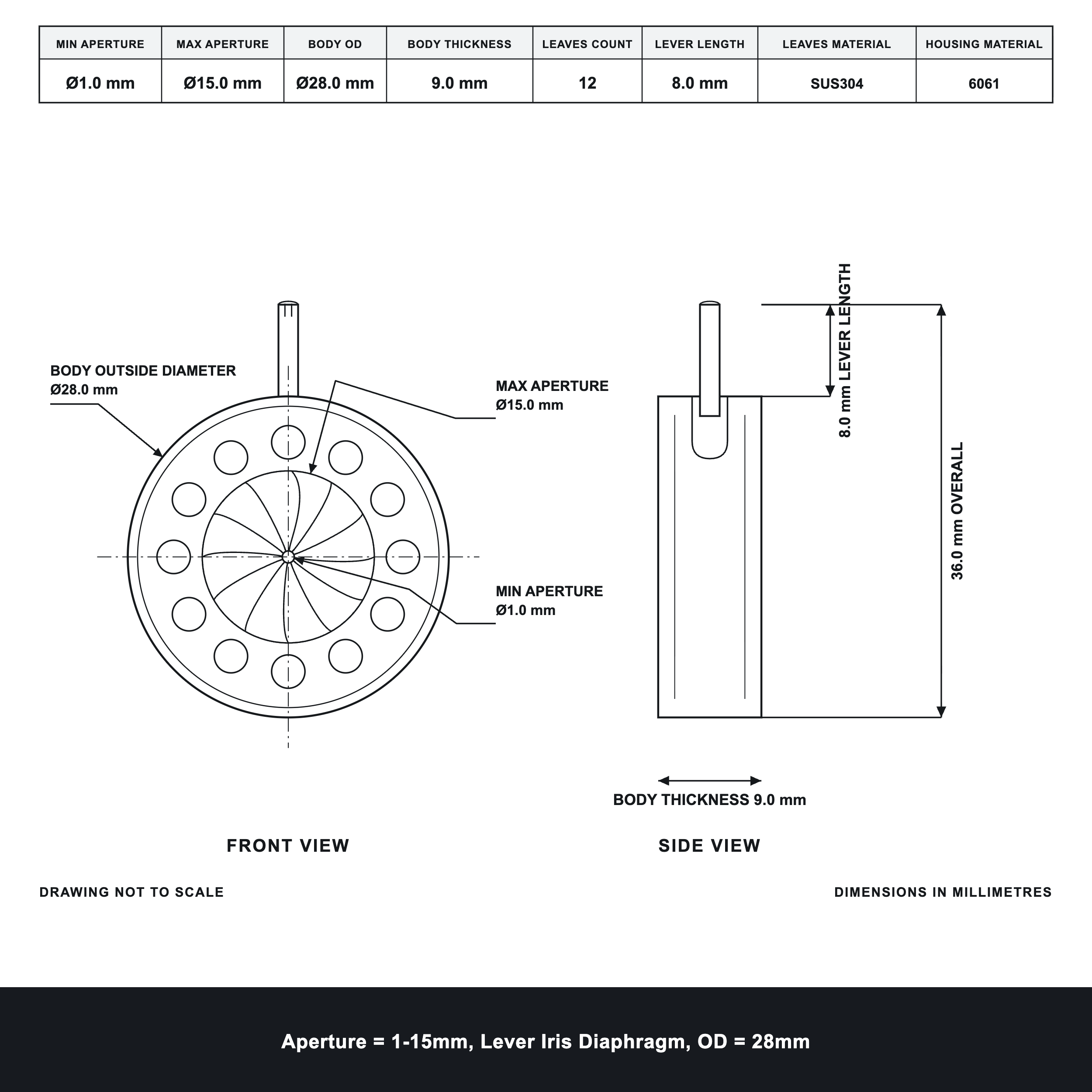 Aperture = Ø1-15mm, Lever Iris Diaphragm, Outer Diameter = Ø28mm